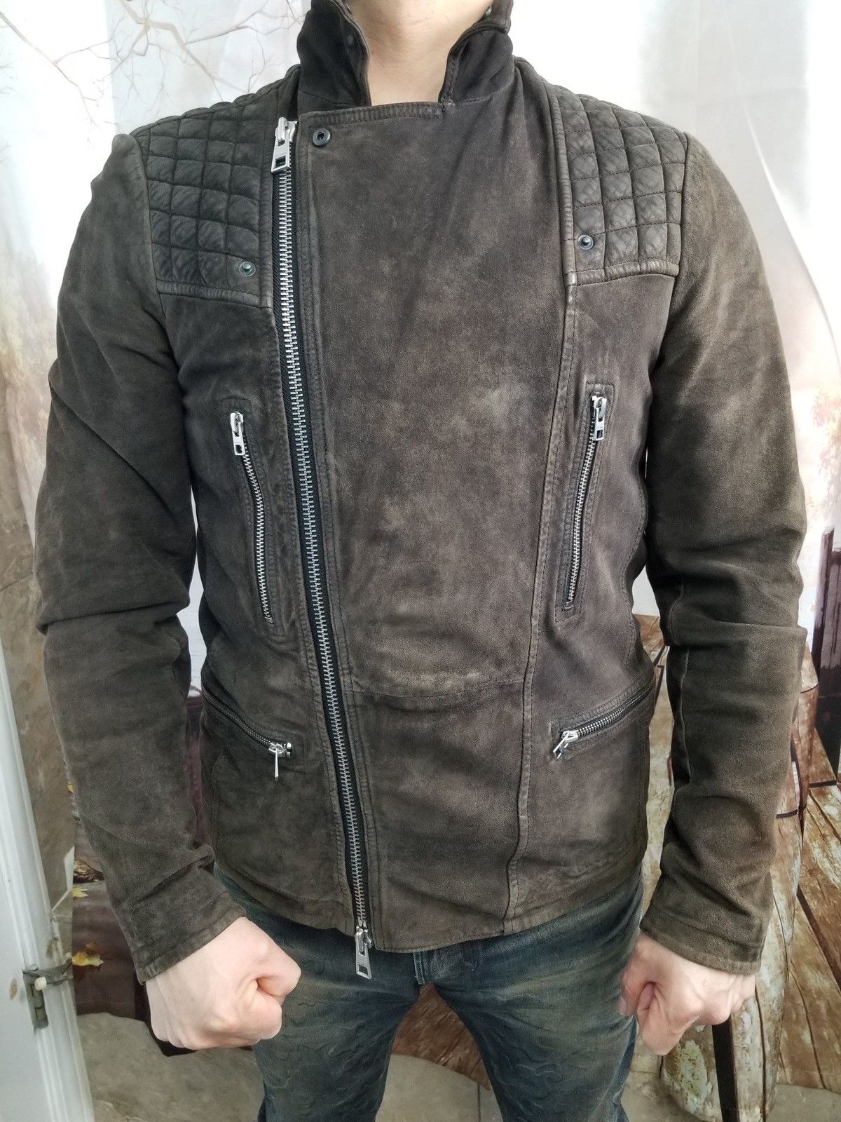 image of Allsaints All Saints Rowley Biker Jacket in Brown, Men's (Size Small)