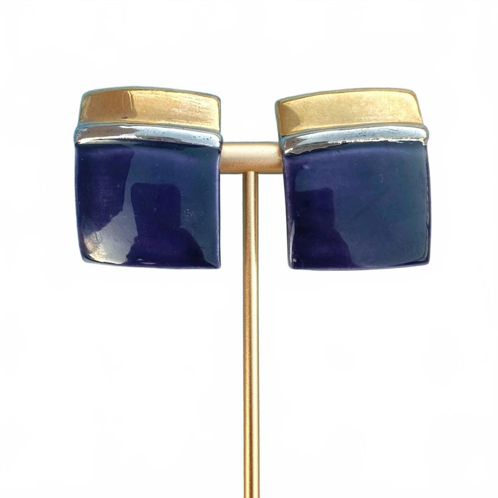Other Vintage 80s Indigo Ceramic Gold Silver Rectangle Earrings Size ONE SIZE - 1 Thumbnail