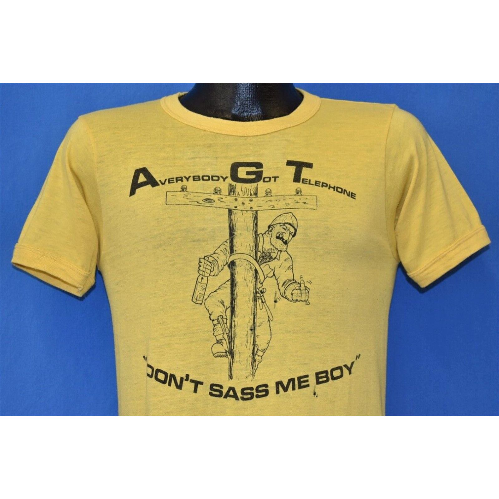 image of Vintage VTG 80's Averybody Got Telephone Agt Pole Climber Alberta Don't Sass Me T-Shirt S in White 