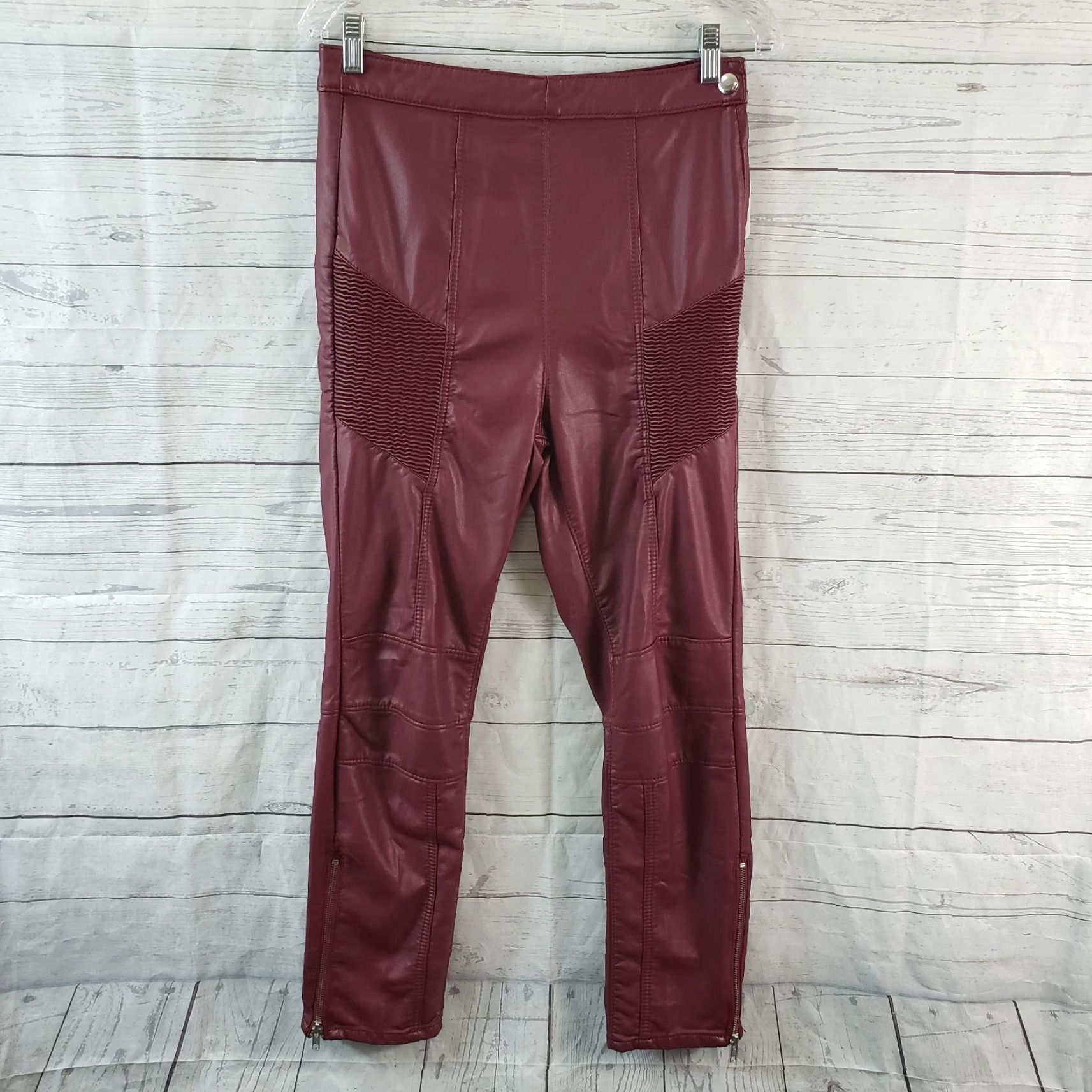 Free People VINTAGE Free People Womens Faux Leather Kaelin Moto Pants Sz 8 Wine High Rise Side Zip Size 30" / US 8 / IT 44 - 2 Thumbnail