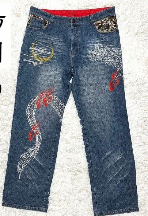 Other Kacho Fugetsu Dragon Embroidered Wide Denim Jeans Japanese Size US 38 / EU 54 - 1 Thumbnail