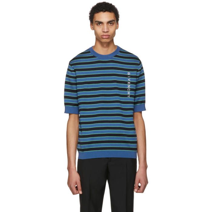 Givenchy Givenchy Blue Short Sleeve Striped Logo Knit Sweater Size US L / EU 52-54 / 3 - 6 Thumbnail