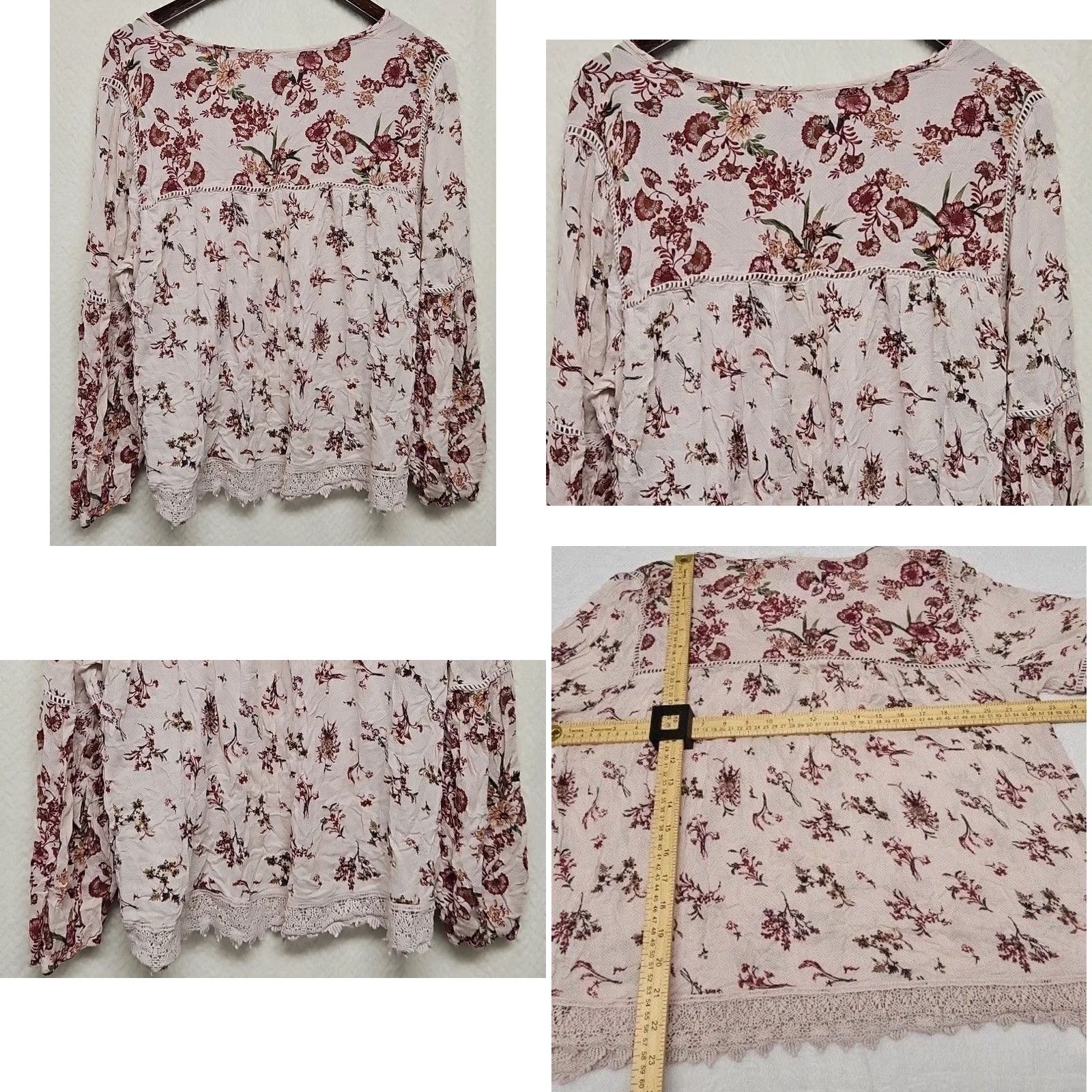 Vintage Knox Rose Blouse Long Sleeve Floral Lace Hem Rayon Pink XL Women’s Blouse, Boho Cottagecore, Rose Theme, Regular Fit Size XL / US 12-14 / IT 48-50 - 8 Thumbnail