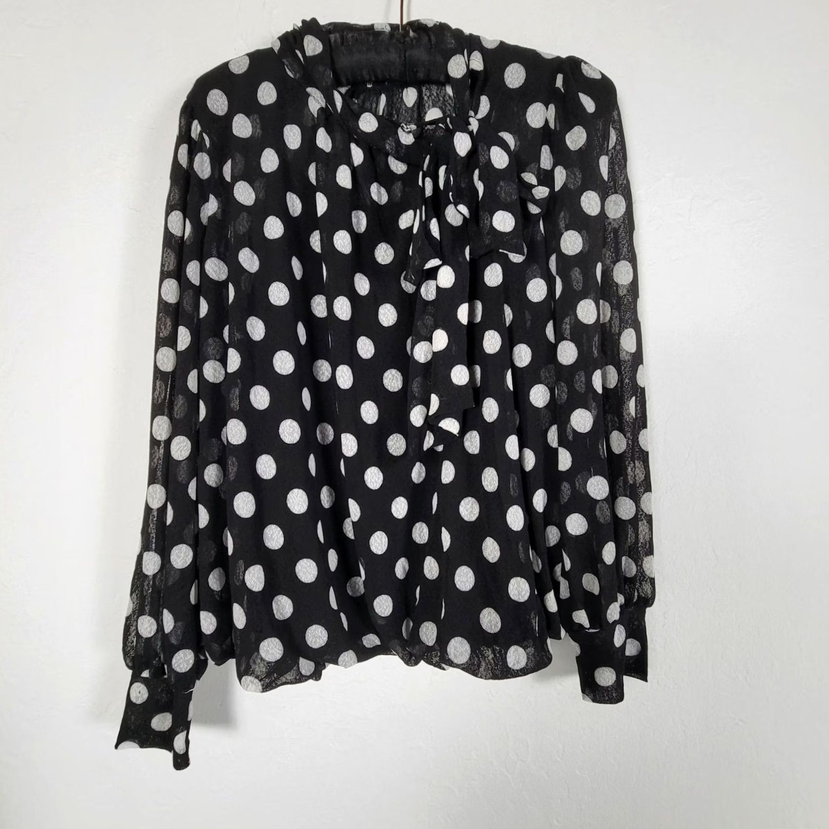 Vintage Ember Blouse Black White Polka Dot Tie-Neck Puff Sleeve Sheer M Size M / US 6-8 / IT 42-44 - 2 Thumbnail