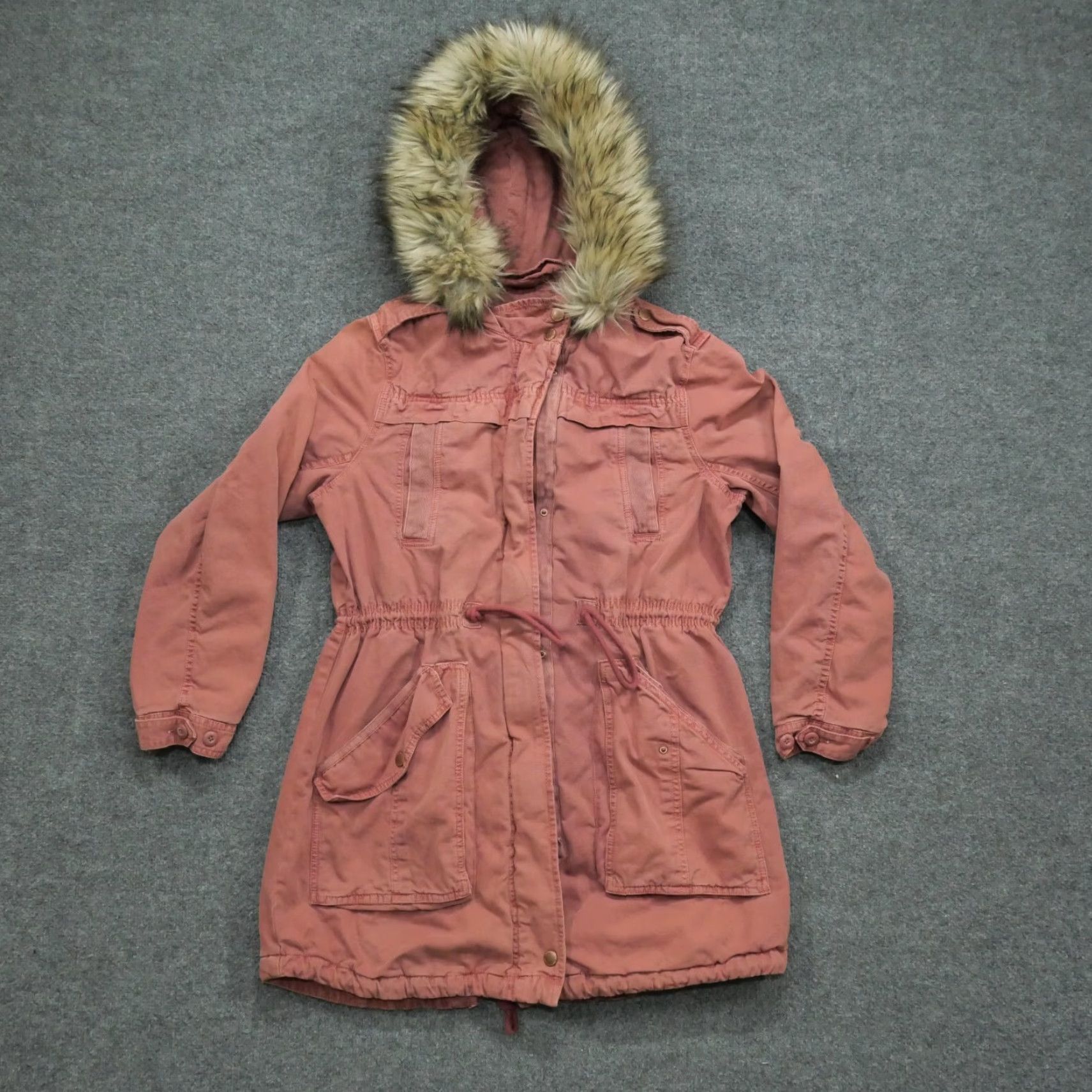 American Eagle Outfitters VINTAGE American Eagle Outfitters Jacket Womens M Pink Canvas Long Sleeve Faux Fur Trimmed Hood Button Lined Grunge Basic Jacket Casual Workwear Size M / US 6-8 / IT 42-44 - 2 Thumbnail
