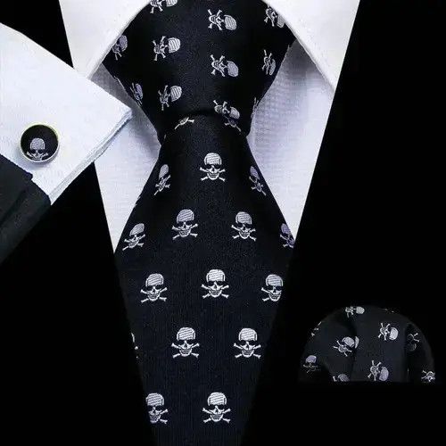 Japanese Brand White Skull Pattern Black Neck Tie Set Mens Size ONE SIZE - 3 Thumbnail