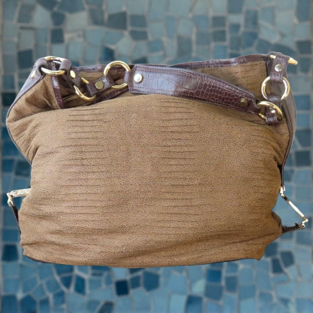 Vintage Dana Buchman Brown Ridged Cloth Handbag Satchel/Top Handle Bag 13"x6"x11" Women Medium Solid PU Magnetic Logo Bag Charm Vintage No Brown Size ONE SIZE - 1 Thumbnail