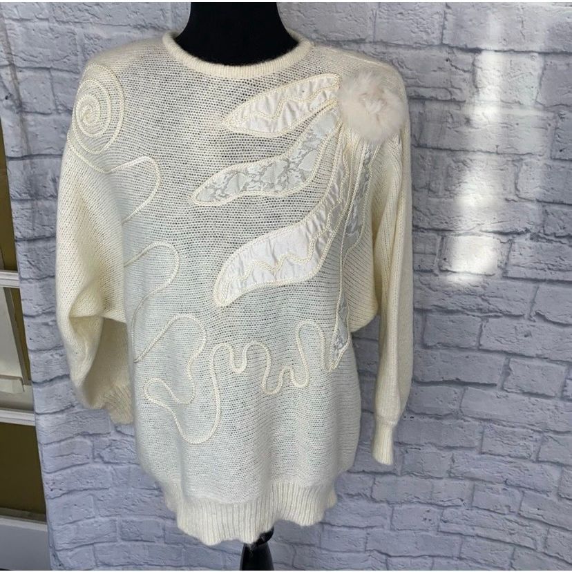 Other Adolfo Vintage women L Crewneck sweater w/cording, lace sati Size L / US 10 / IT 46 - 1 Thumbnail