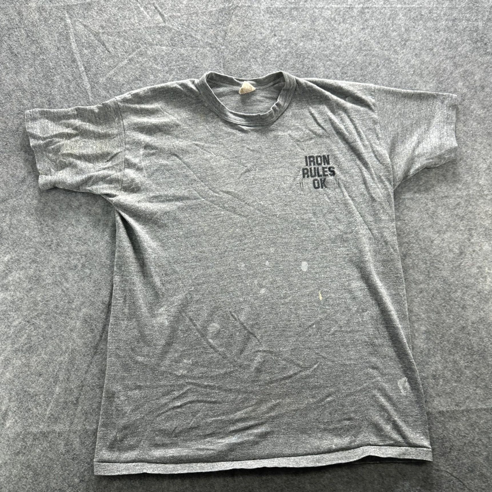 Russell Athletic VINTAGE Russell Athletic Shirt Mens Large Gray Iron Rules OK Tee Short Sleeve Crew Neck Fitness Gy m Workout 80s Size US L / EU 52-54 / 3 - 2 Thumbnail