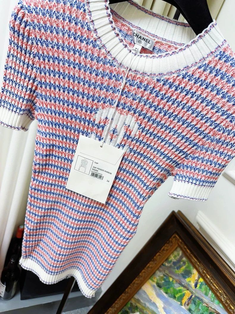 Chanel Chanel Pink Blue Stripe Logo Short Sleeve Top Size S / US 4 / IT 40 - 8 Thumbnail