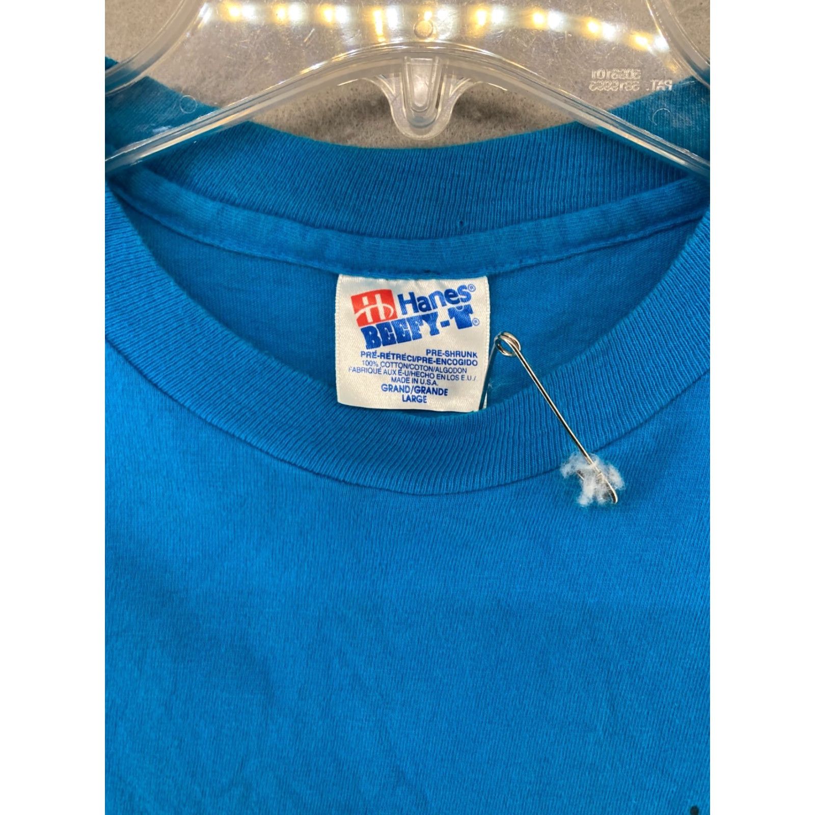 Hanes Dinamation Mens Shirt L Blue Carolina First Hanes Graphic Print 90s USA Dinosaur Crew Neck Cotton T-Shirt Size US L / EU 52-54 / 3 - 7 Thumbnail