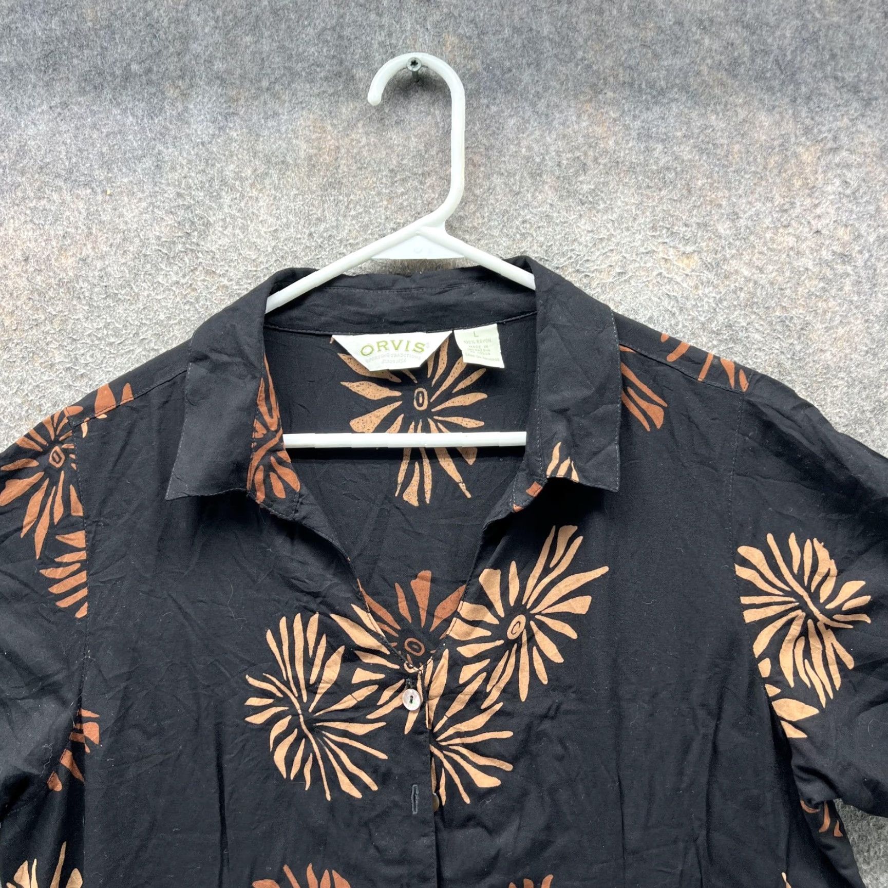 Orvis VINTAGE Orvis Shirt Dress Womens L Black Brown Floral Rayon Button Front Midi Size L / US 10 / IT 46 - 6 Thumbnail