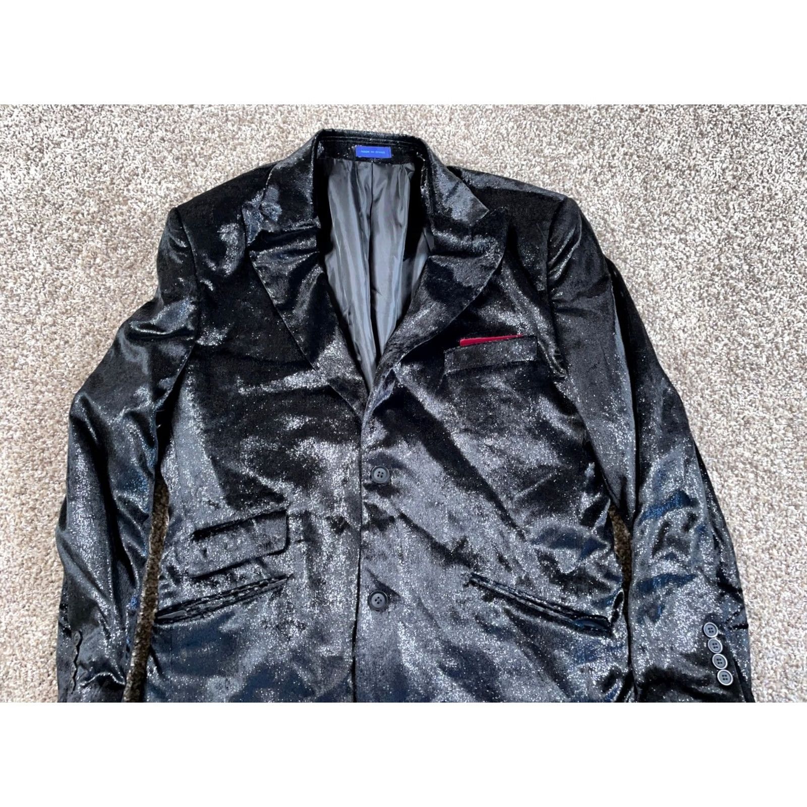 Velvet Blu Martini Blazer Men Medium Black Velvet Sequin Two-Button Jacket Dressy Evening Wear Size 40R - 3 Thumbnail