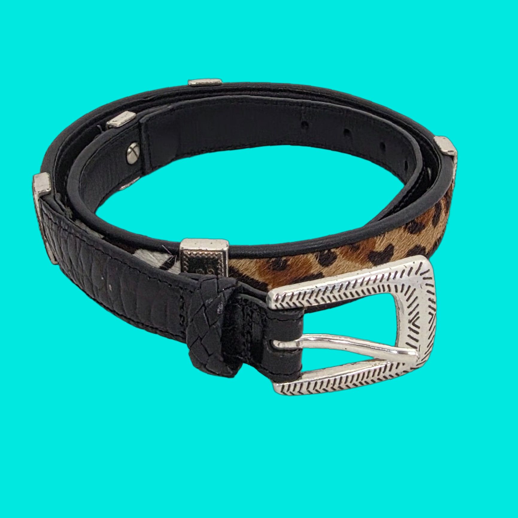 Brighton VINTAGE Brighton Belt Black Leather Leopard Zebra Cowhide Calf Fur Animal Print Sz Small Belt Women Size ONE SIZE - 1 Thumbnail