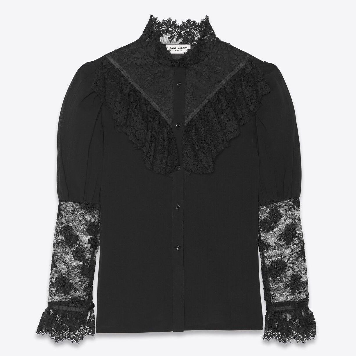 Saint Laurent Paris o1bcso1str0924 Fitted Ruffled Shirt in Black Size US XXS / EU 40 - 1 Thumbnail