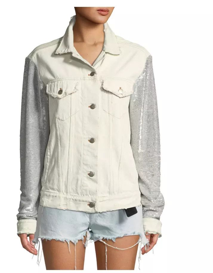 Iro Iro "Nanopo" frayed Denim Jacket Sequined Sleeves and Back. Size M / US 6-8 / IT 42-44 - 2 Thumbnail