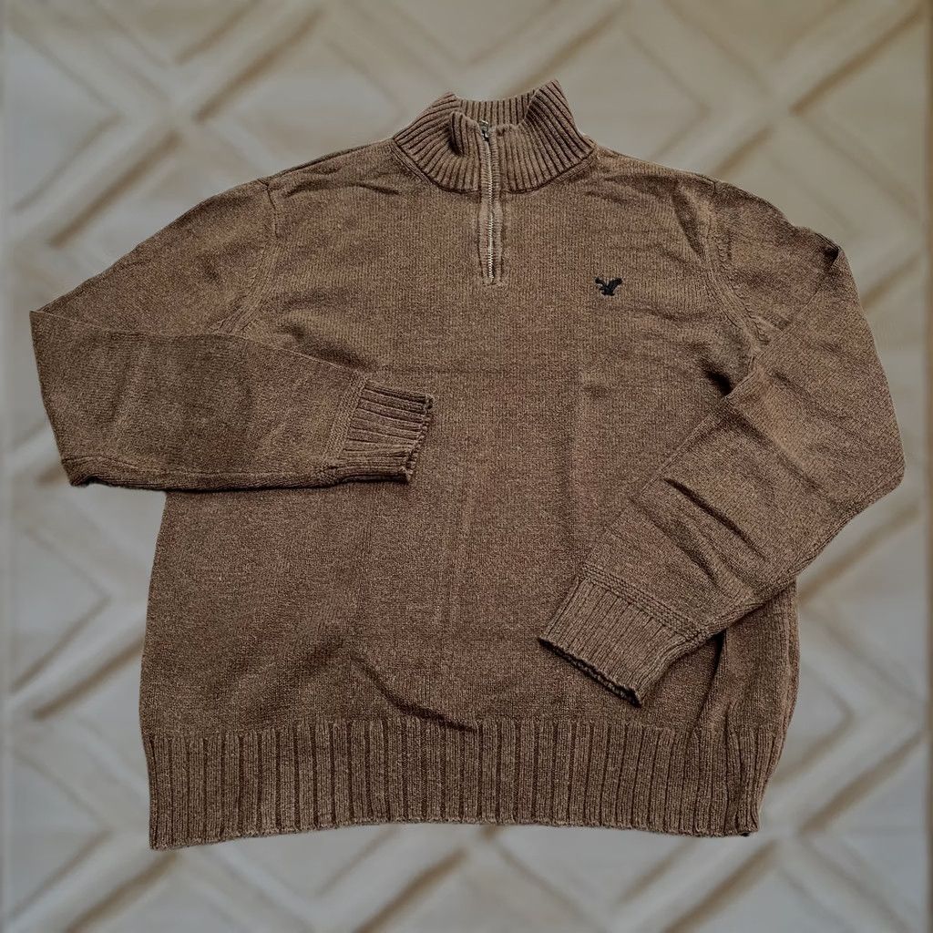 American Eagle Outfitters American Eagle Outfitters Mock Neck 1/2 Mens Medium Brown Cotton 1/4 Zip Knitted Pullover Sweater Size US M / EU 48-50 / 2 - 1 Thumbnail