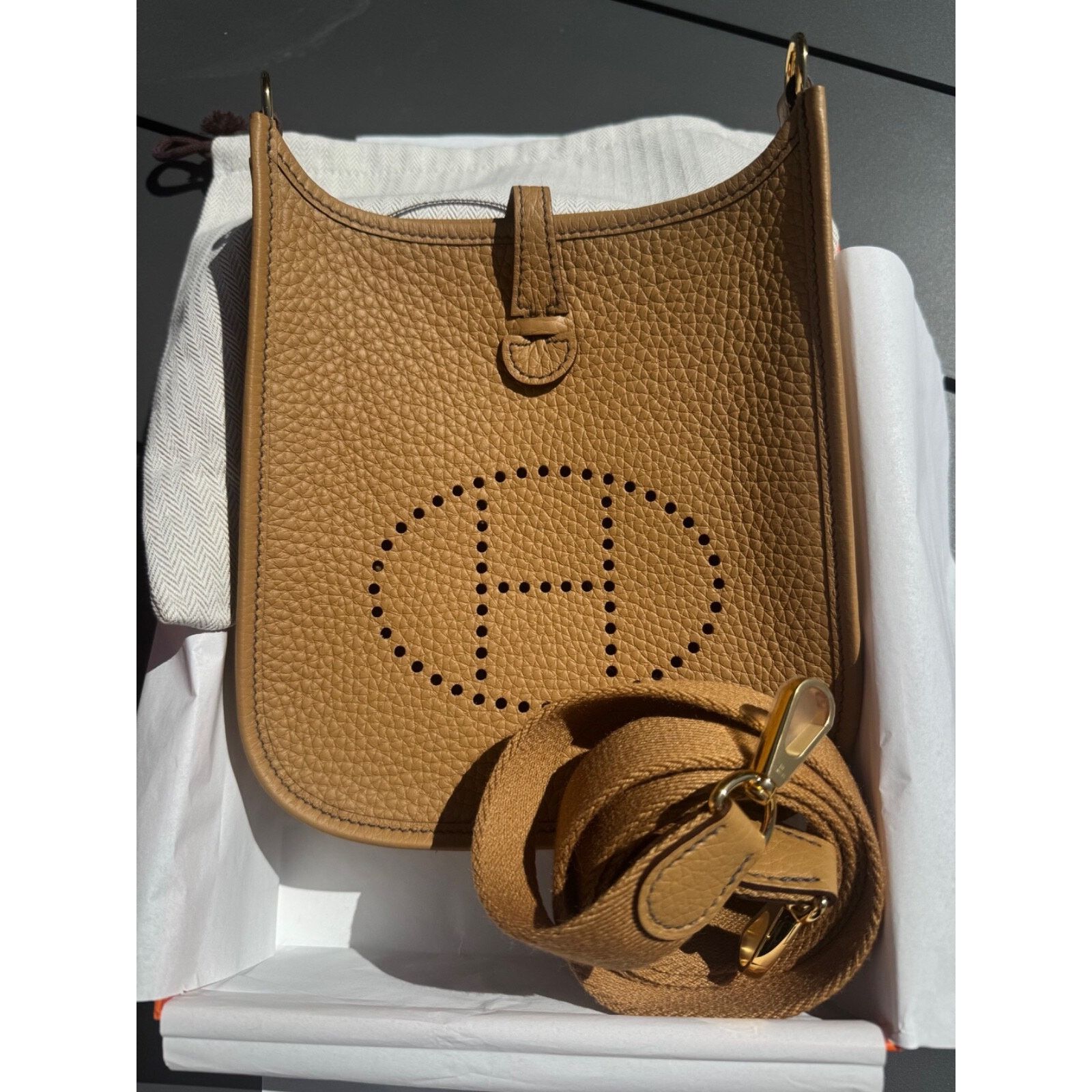 Hermes Hermes Mini Evelyne Camel Gold Leather Crossbody Bag Size ONE SIZE - 6 Thumbnail