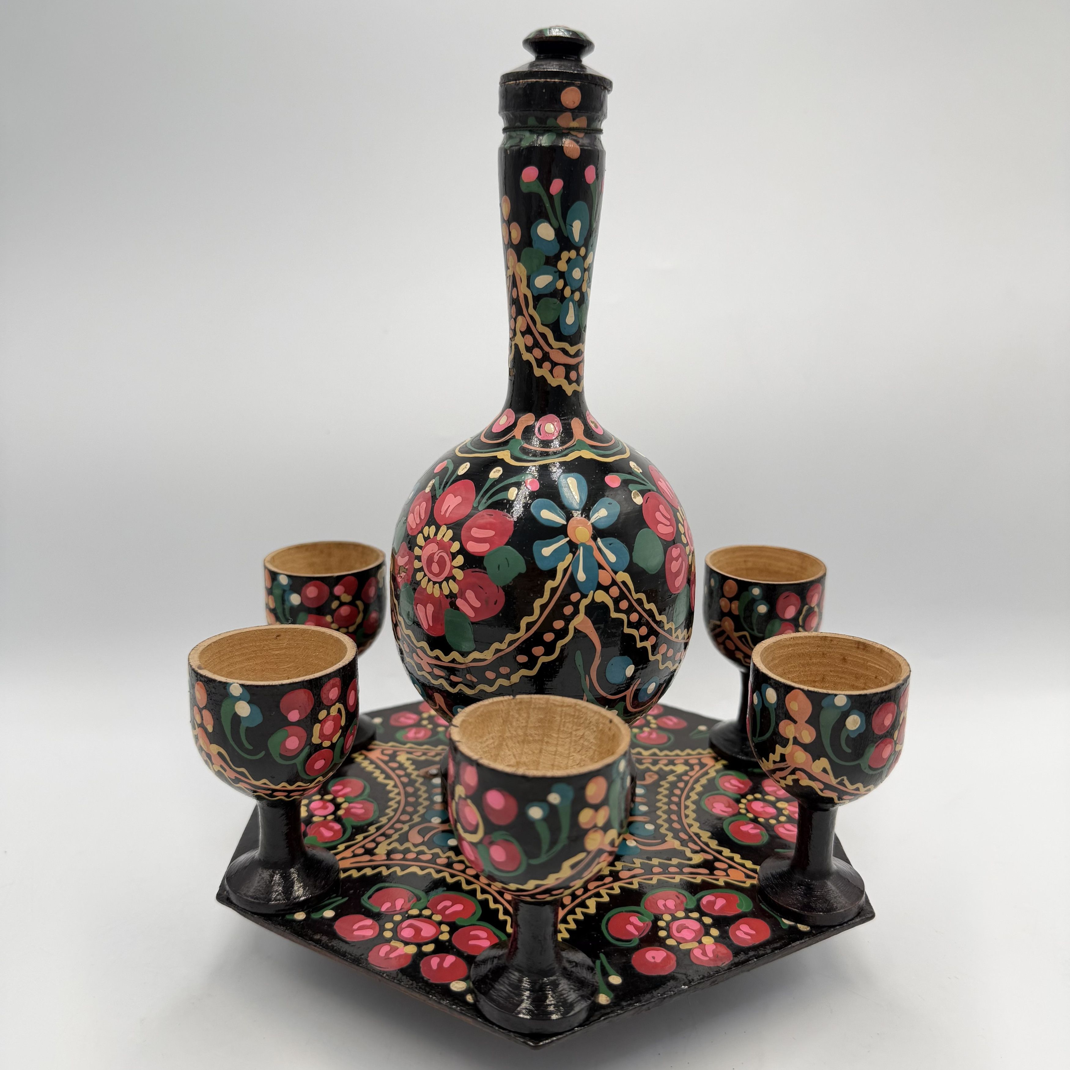 Vintage Vintage Hand Painted Wooden Decanter Set & 6 Goblets Tray Size ONE SIZE - 6 Thumbnail