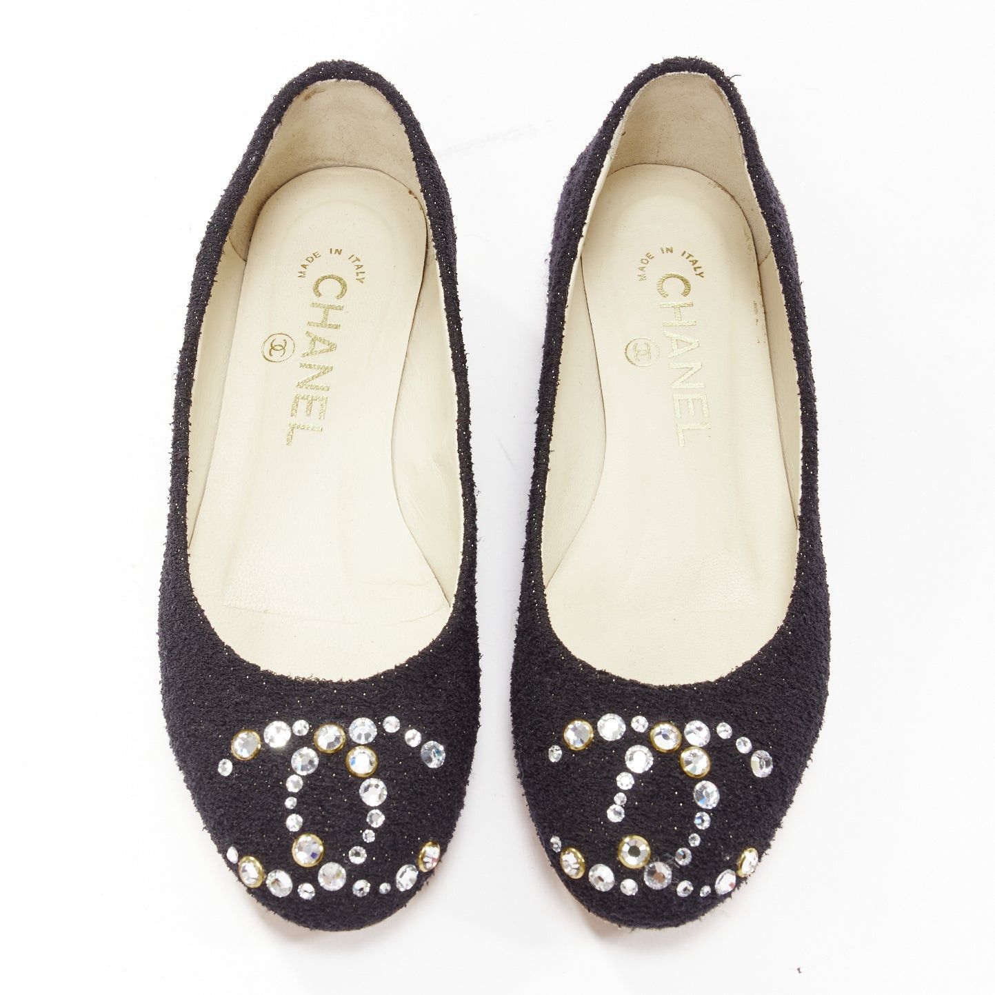 Chanel CHANEL black tweed crystal CC embellished logo round toe flat shoes EU35 Size US 5 / IT 35 - 1 Thumbnail
