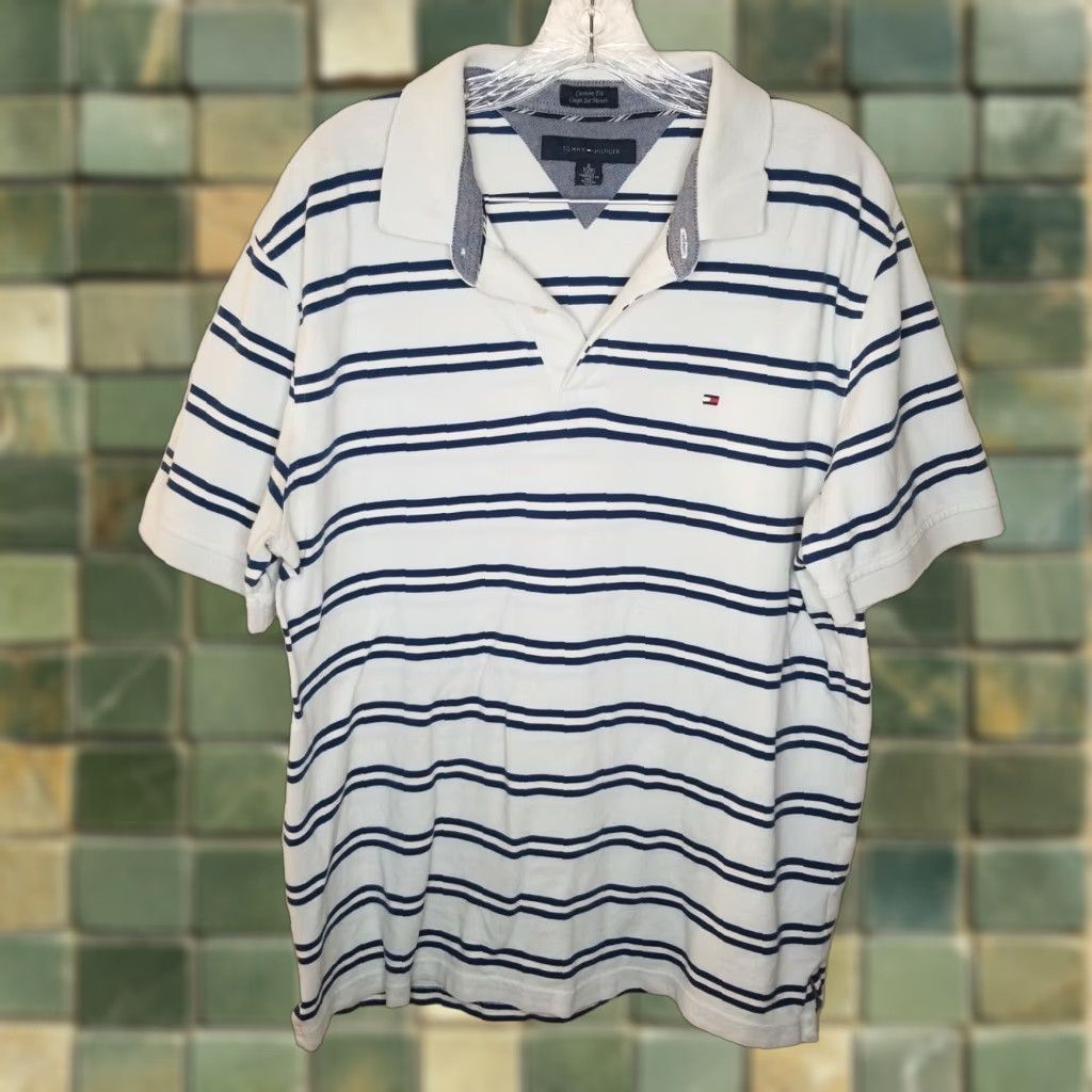 Tommy Hilfiger Tommy Hilfiger Mens Light Blue Striped Short Sleeve Polo Shirt Size XL Size US XL / EU 56 / 4 - 1 Thumbnail