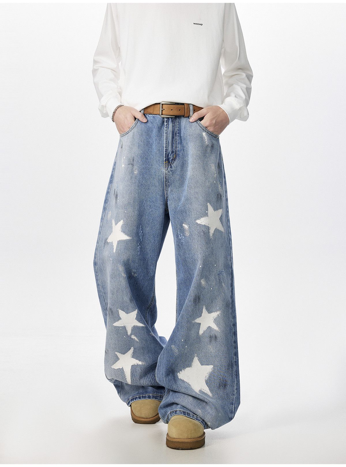 Japanese Brand Men's loose casual scimitar star graffiti print jeans Size US 32 / EU 48 - 2 Thumbnail