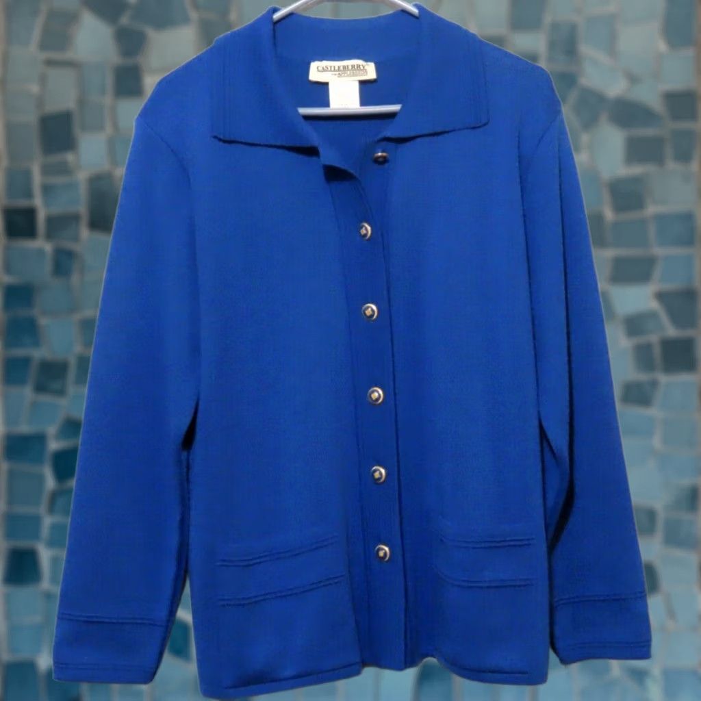 Vintage Appleseed's Cardigan Womens 14P Blue Wool Blend Shoulder Pads Pockets Knit - Casual, Travel, Business - Dry Clean Only - Fall, Spring, Winter Size XL / US 12-14 / IT 48-50 - 1 Thumbnail