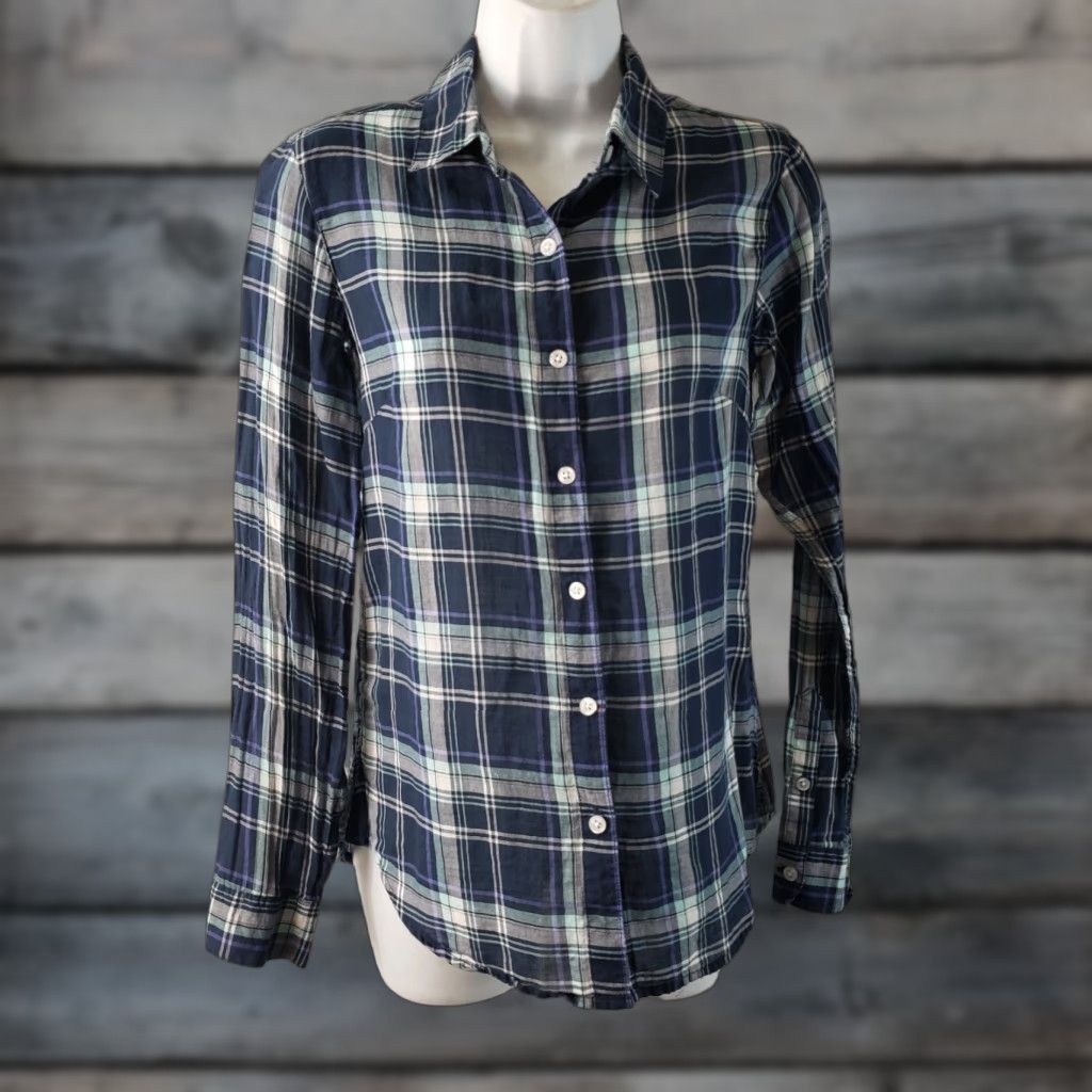 Vintage Garnet Hill Womens Button Front Shirt Sz 4 Blue Plaid Long Sleeve Semi Sheer Shirt Womens Jeans? Size S / US 4 / IT 40 - 1 Thumbnail