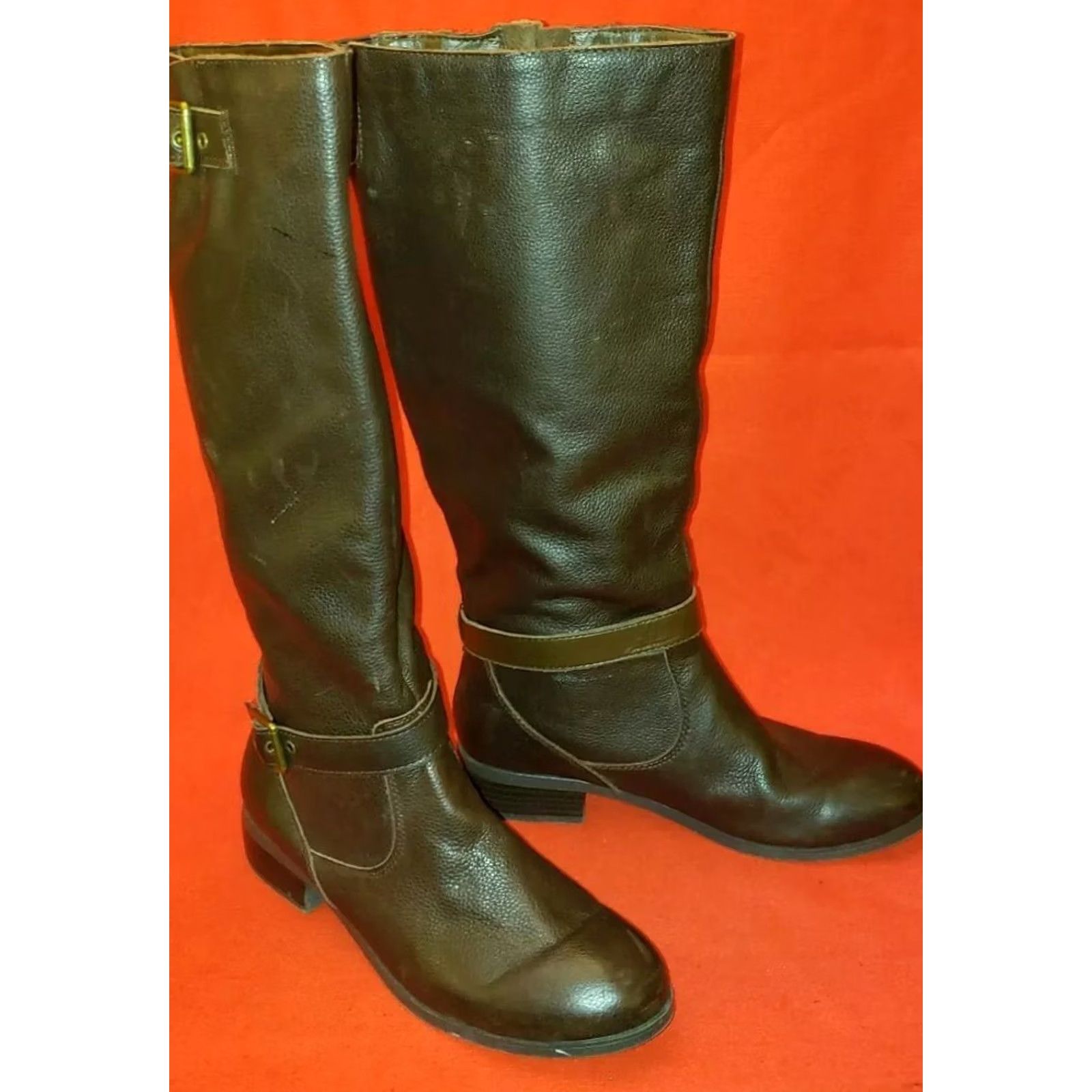 Vintage Women's Riding Boots Size 8.5M Brown REAL LEATHER Harness Strap With Buckle Boots Size US 7 / IT 37 - 2 Thumbnail