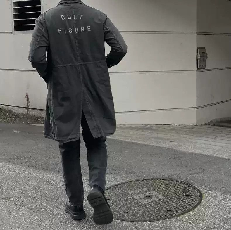 image of Undercover Grey Cult Figure Embroidered Trench Coat in Black, Men's (Size Medium)