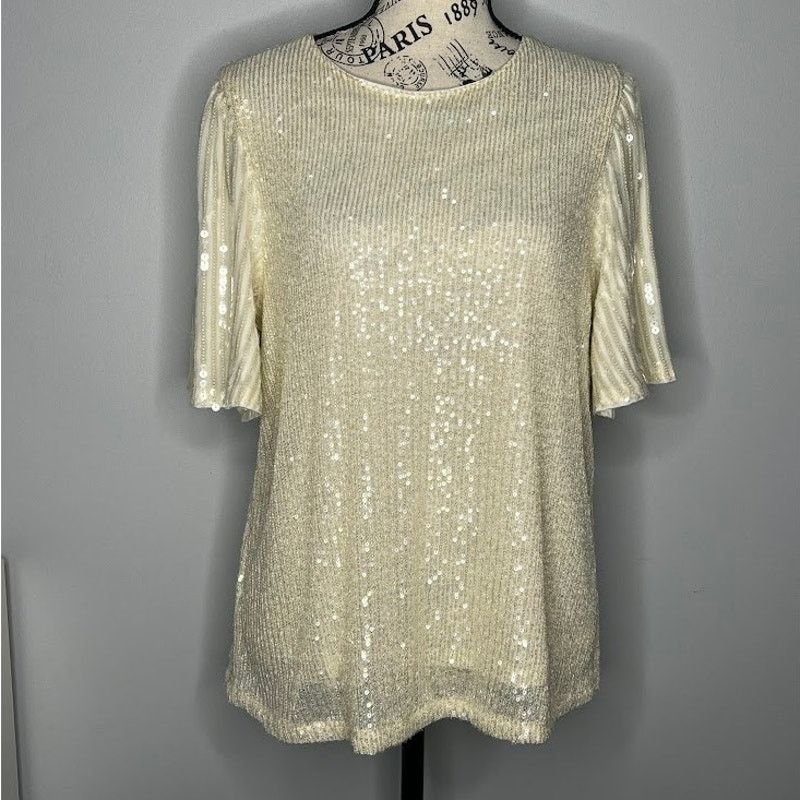 Other Whisper Cream Sequin Sparkly Flutter Sleeve Back Keyhole Top Size L / US 10 / IT 46 - 13 Thumbnail