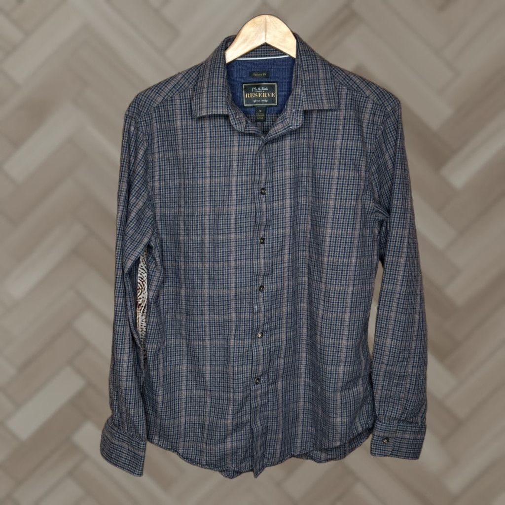 Jos. A. Bank Jos A Bank Reserve Shirt Mens M Brown Blue Tailored Fit Flannel Dress Shirt Size 40R - 1 Thumbnail