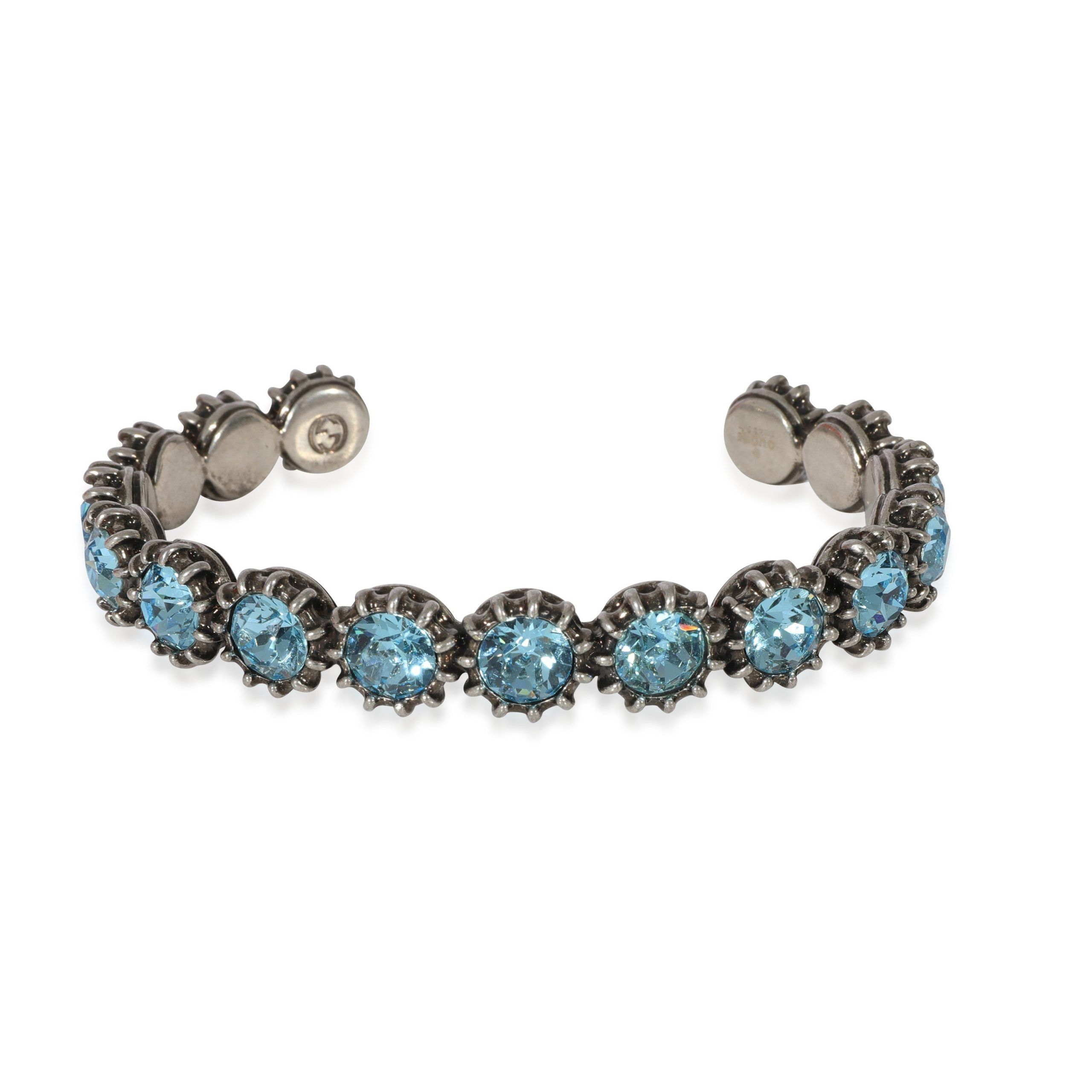 Gucci Blue Crystal & Feline Head Cuff Bangle in Aged Dark Silver Tone Metal