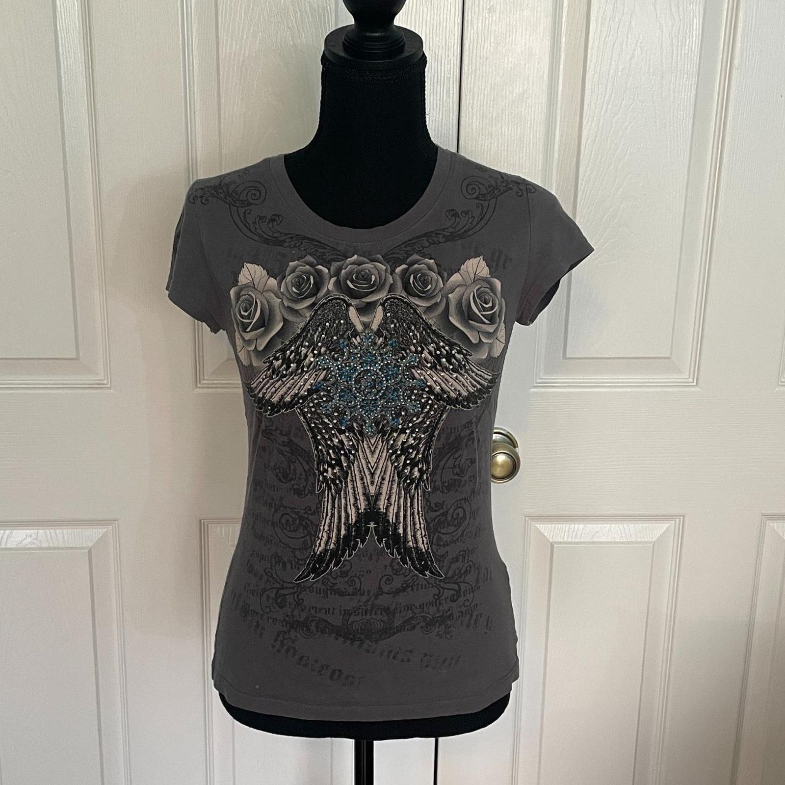 Vintage Y2k grunge wing rose bedazzled t-shirt Size S / US 4 / IT 40 - 1 Thumbnail
