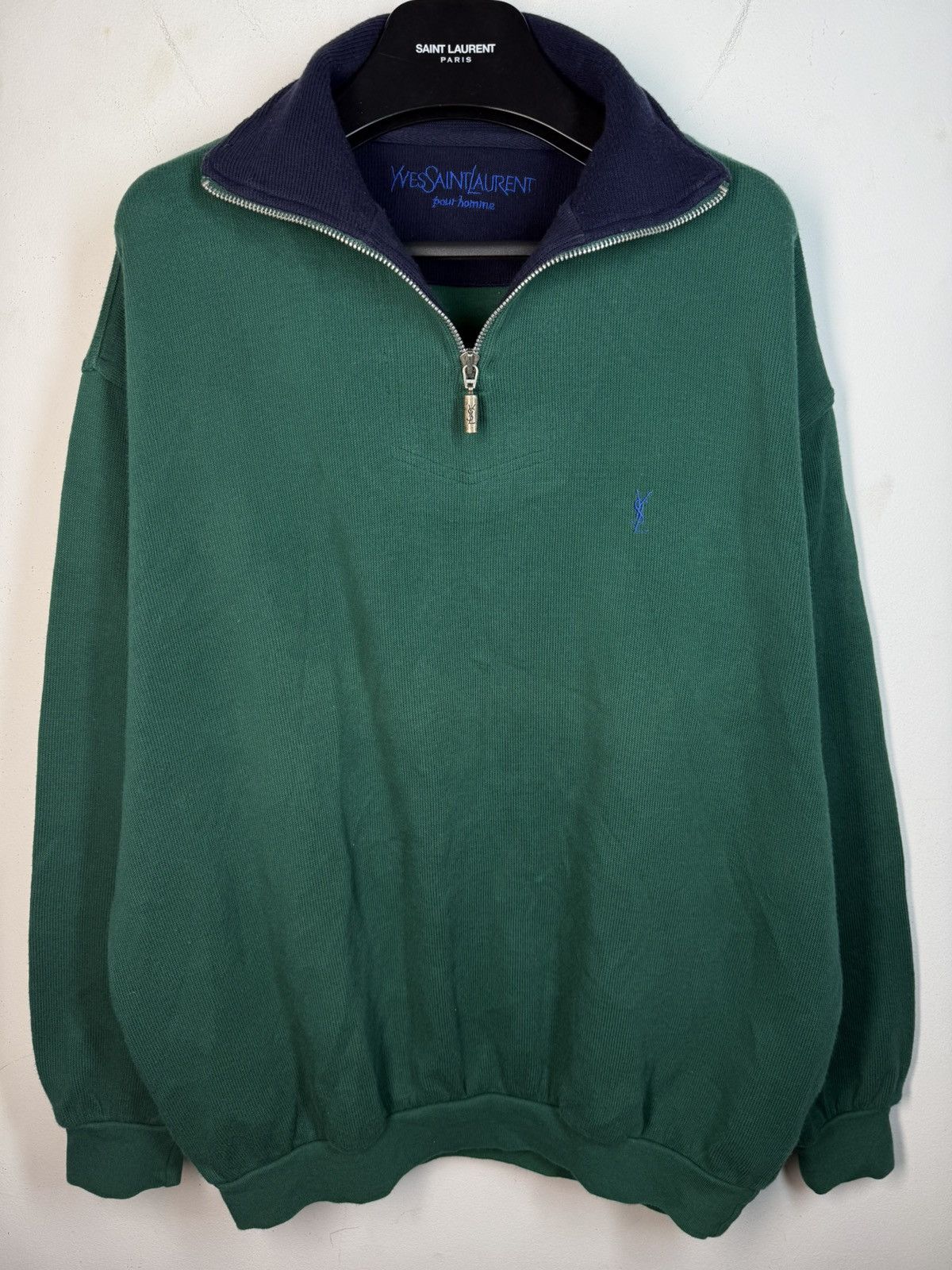 Yves Saint Laurent 90s YSL Sweatshirt 1/4 Quarter Zip Green Vintage Sweater Size US M / EU 48-50 / 2 - 2 Thumbnail