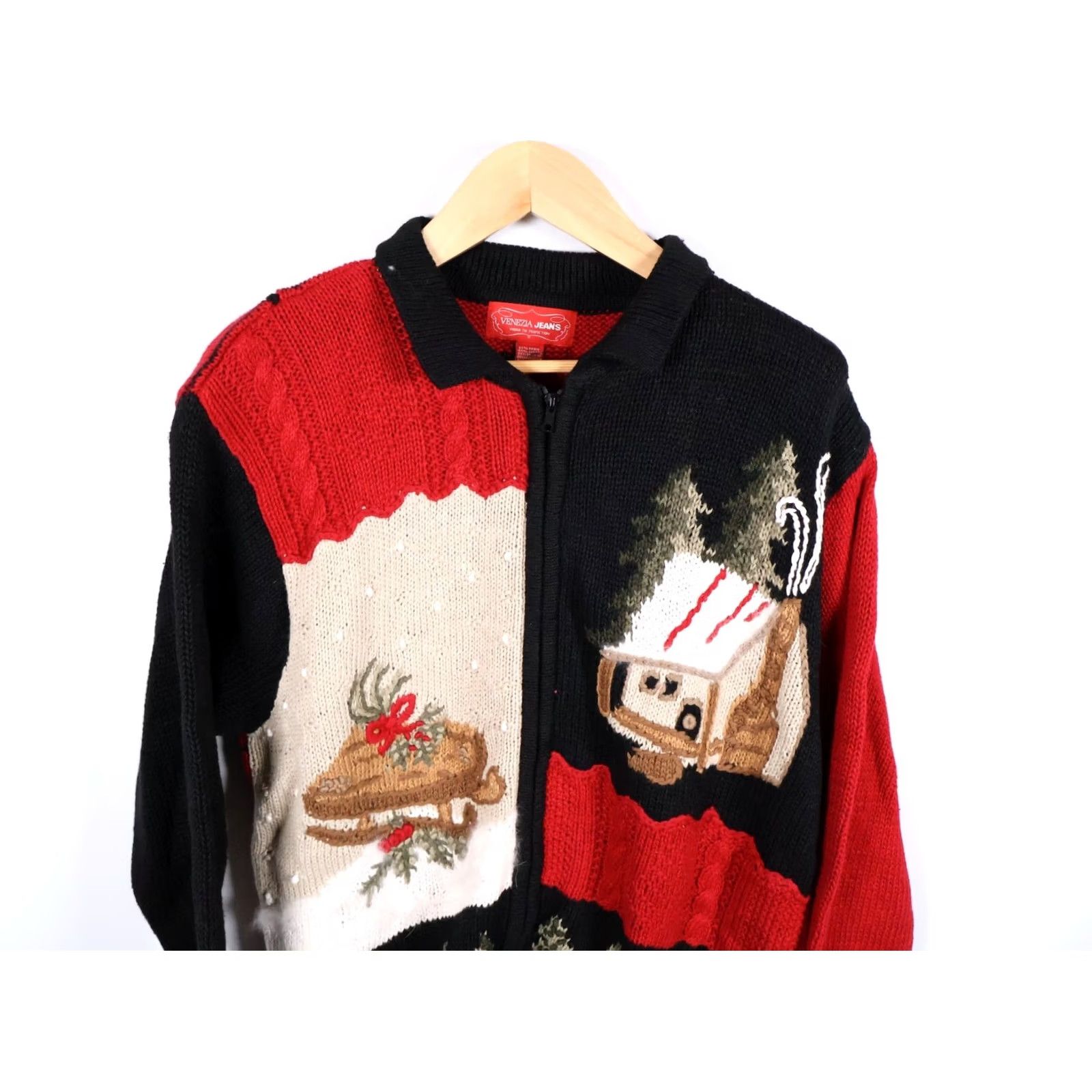 Vintage VINTAGE Venezia Cardigan Women's Red Black Full Zip Sweater 14 / 16 90s Christmas Tree Motif Size XXL / US 16-18 / IT 52-54 - 4 Thumbnail