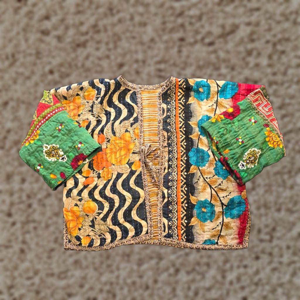 Vintage Quilted Jacket Womens 1X Brown Green Floral Patchwork Open Kimono Sleeve Jacket Coat Casual Bohemian Style Womens Size XL / US 12-14 / IT 48-50 - 1 Thumbnail