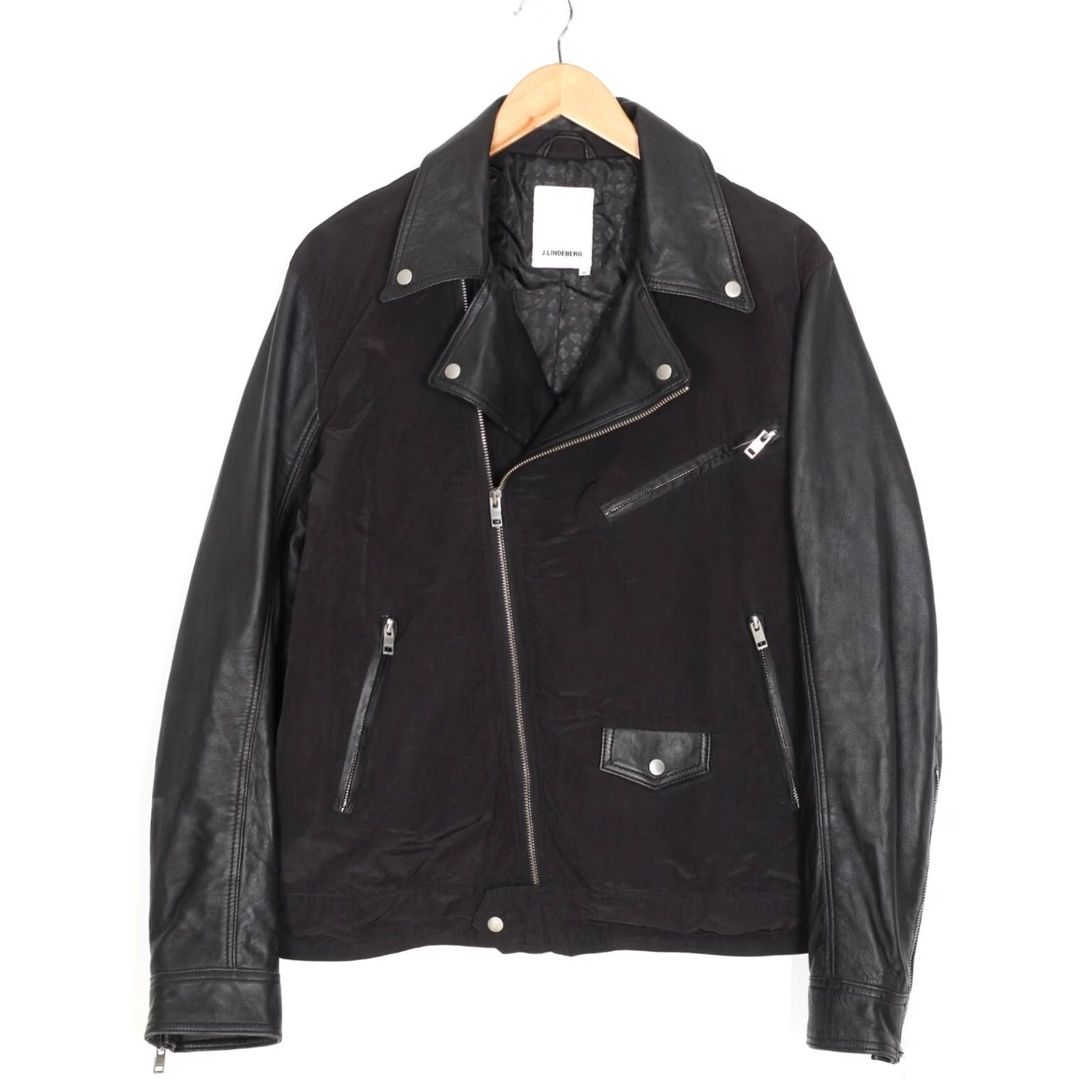 J.Lindeberg J.LINDEBERG Biker Jacket Men XL Lamb Leather Sleeves Collared Zip Short Black MJ4596 Size US XL / EU 56 / 4 - 2 Thumbnail