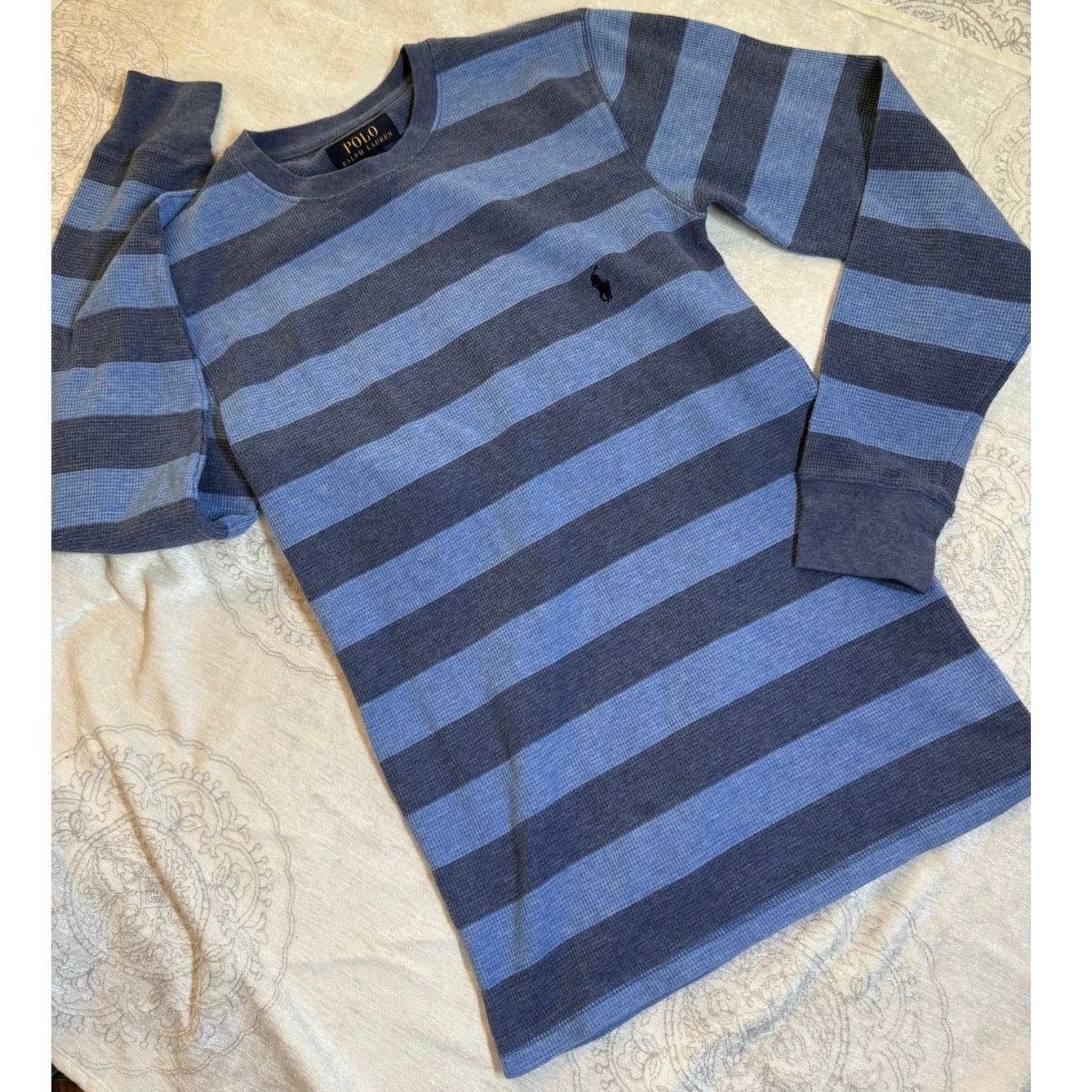 Polo Ralph Lauren Polo Ralph Lauren Blue Stripe Waffle Knit Thermal Crew-Neck Size US S / EU 44-46 / 1 - 3 Thumbnail