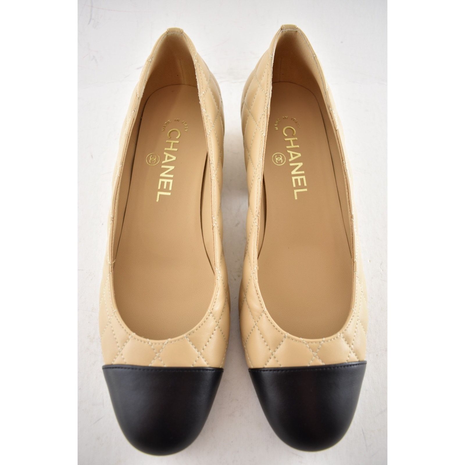 Chanel Chanel 24B Beige Lambskin Quilted CC Block Heel Pumps 37.5 Size US 7.5 / IT 37.5 - 7 Thumbnail
