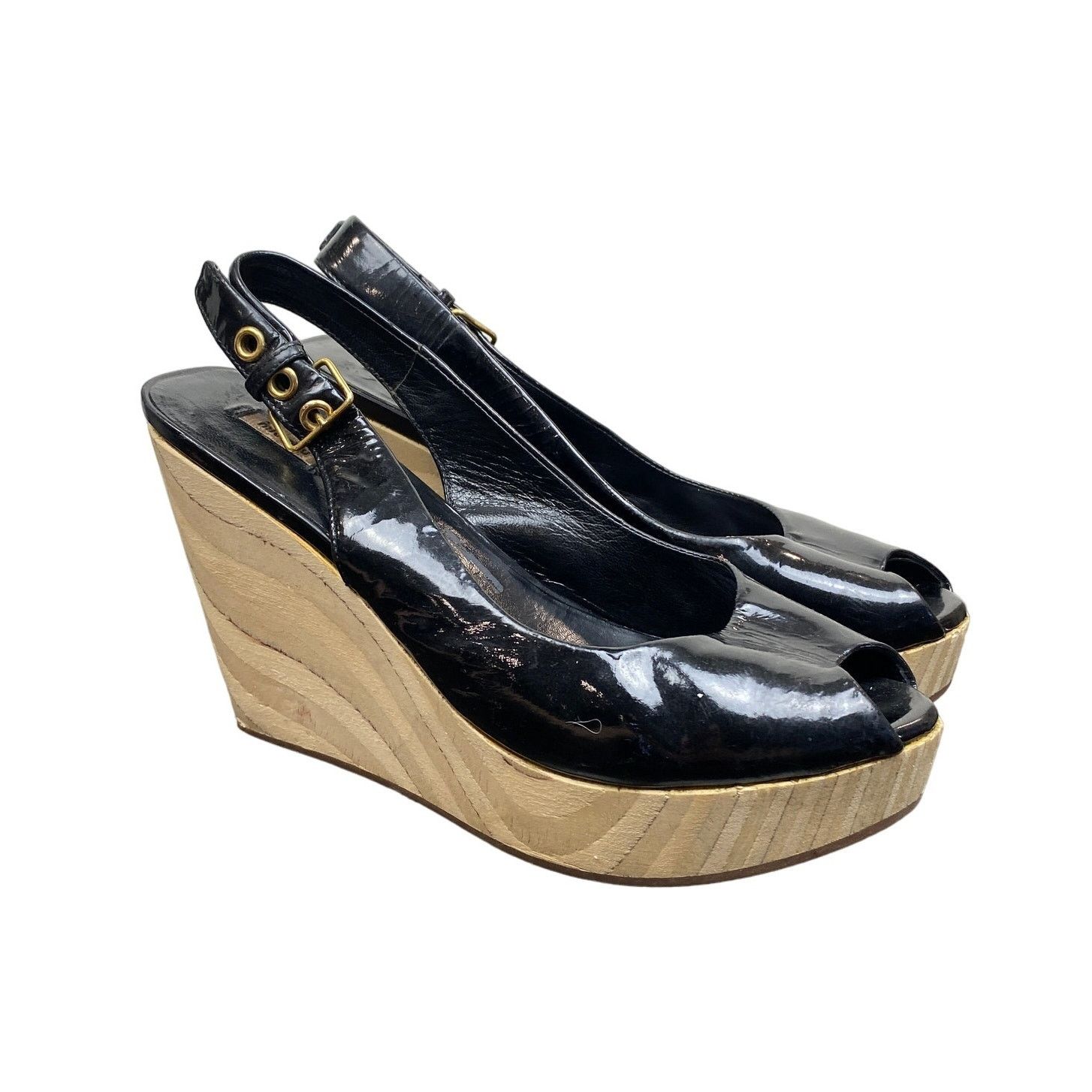 Miu Miu Miu Miu Patent Leather Peep Toe Wedge Heels Slingback 35 Size US 5 / IT 35 - 1 Thumbnail