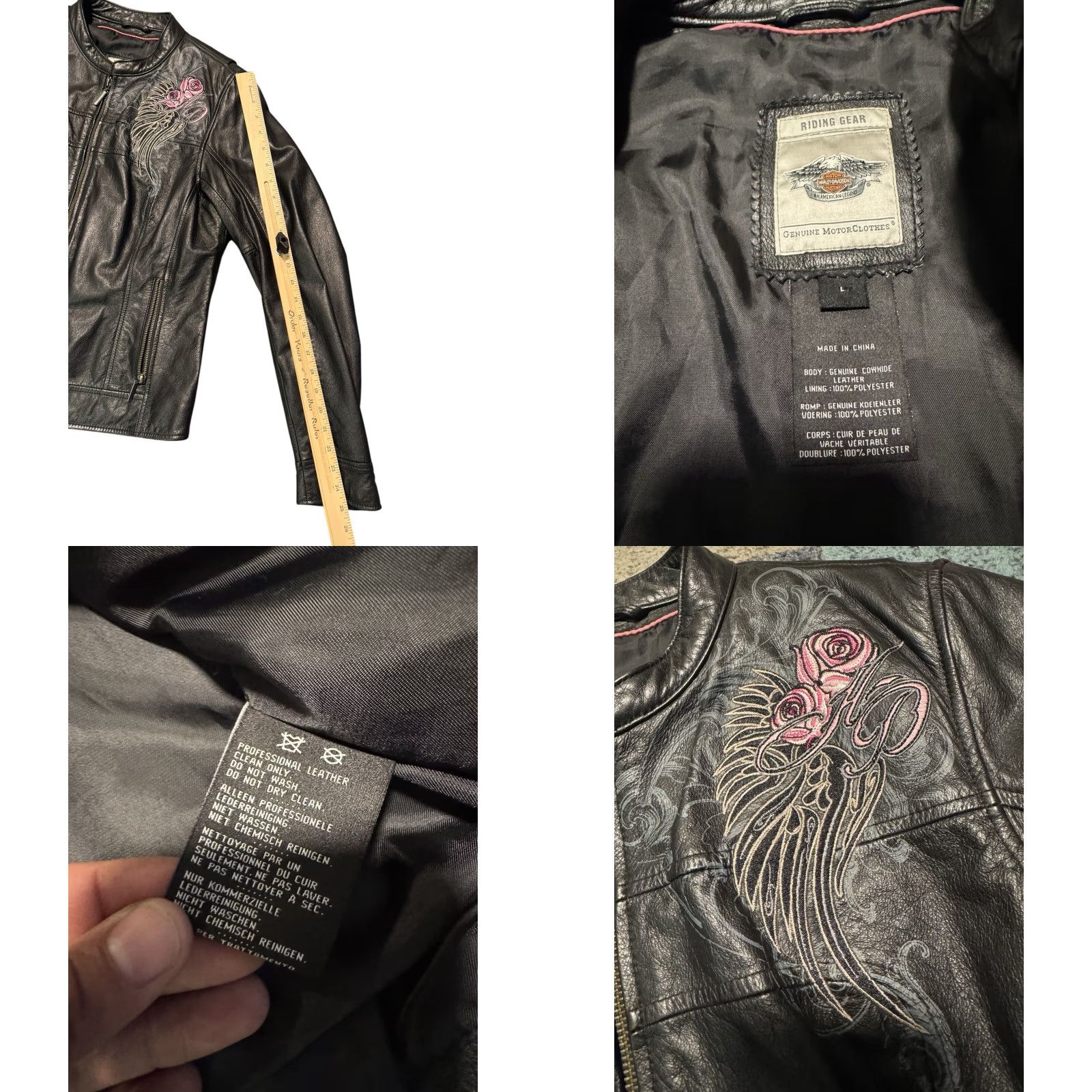 Harley Davidson VINTAGE Harley-Davidson Womens Biker Jacket Leather Rose Pink Size L Black Mid-Length Long Sleeve Regular Clean Embroidered Logo Size L / US 10 / IT 46 - 10 Thumbnail