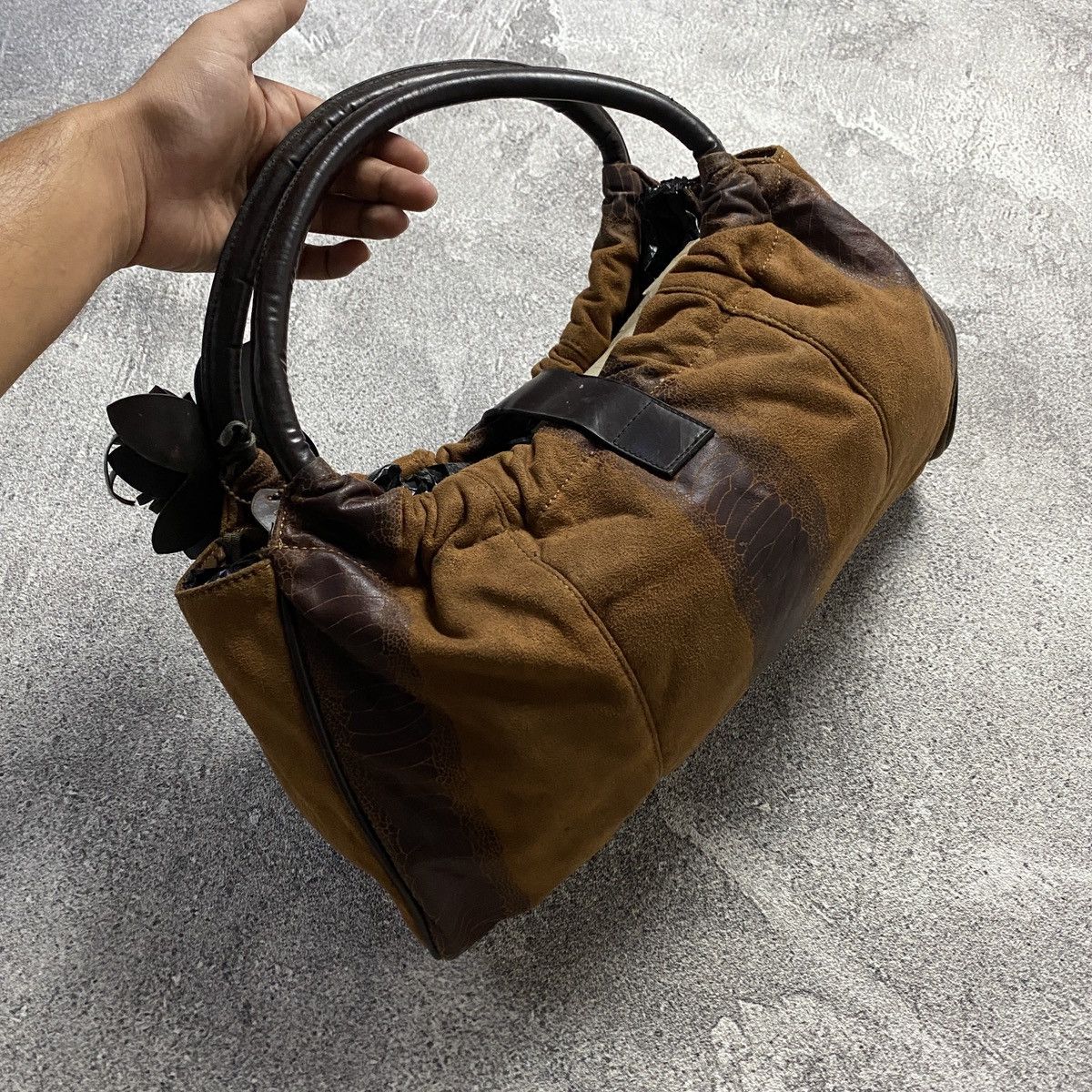 Japanese Brand 2000s Floral Brown Suede & Leather Hobo Bags Size ONE SIZE - 1 Thumbnail