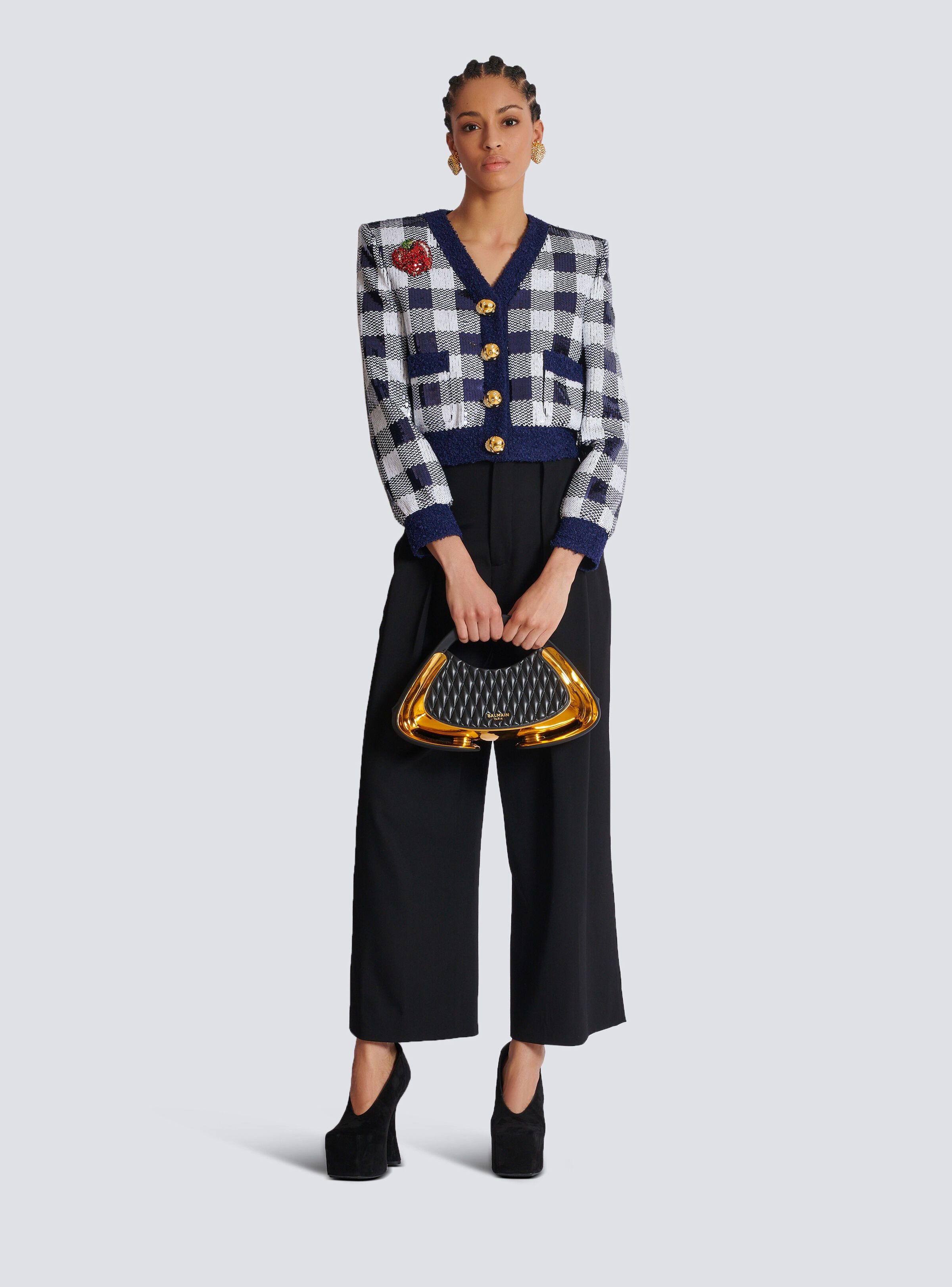 Balmain o1s1wg110825 Sequin Embellished Gingham Jacket in Blue Size L / US 10 / IT 46 - 5 Thumbnail