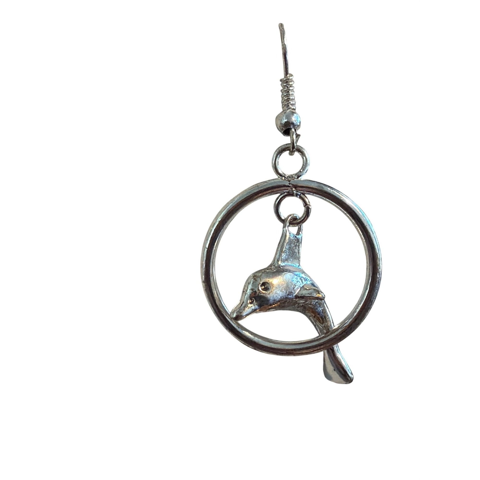 Other Silver Tone Dolphin Dangle Earrings Circular Hoop Hooks 1.75 Size ONE SIZE - 2 Thumbnail