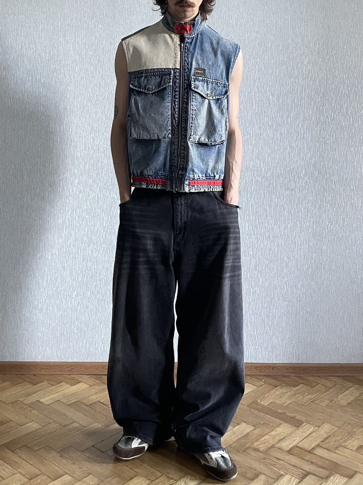 Vintage 1970s Leather Vest On Riri Zipper, Stonewashed Denim- Wescot Size US L / EU 52-54 / 3 - 16 Thumbnail