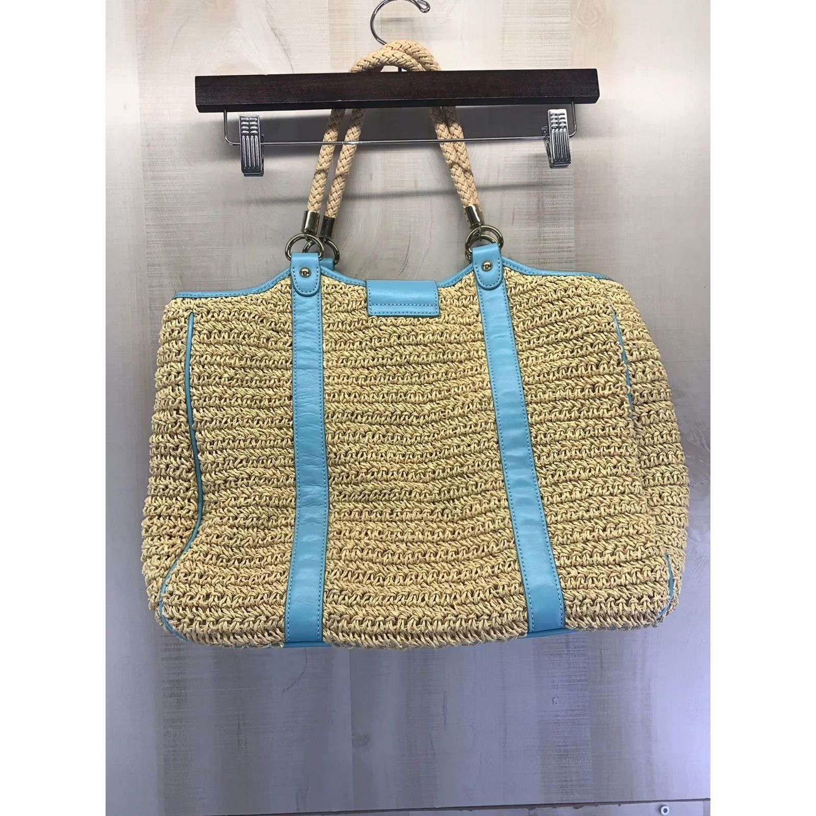 Talbots VINTAGE Talbots Paper Straw Woven Bag Shoulder Bag Womens Teal Blue Leather Trim Gold Accents Size ONE SIZE - 7 Thumbnail