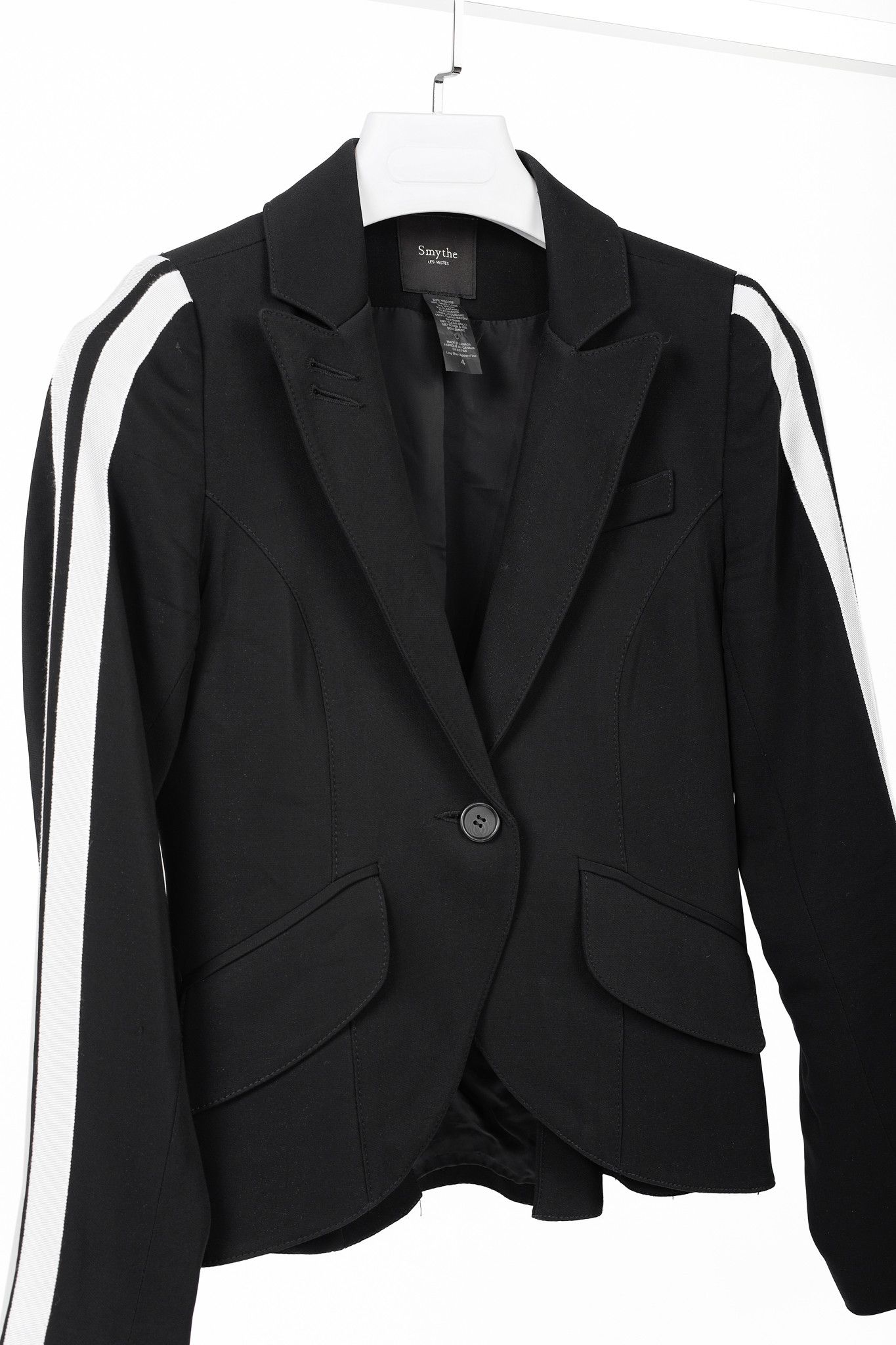 SMYTHE Smythe Black Wool-Blend Grosgrain-Stripe One-Button Blazer Size S / US 4 / IT 40 - 3 Thumbnail