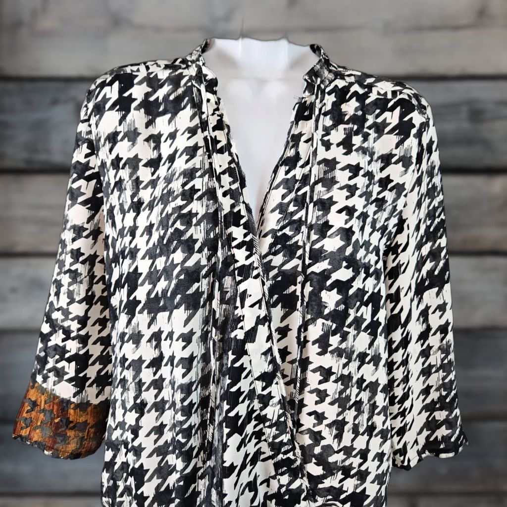 Brochu Walker Brochu Walker Womens Mayes Wrap Top XS Black White Houndstooth 3/4 Sleeve V-Neck Blouse Size XS / US 0-2 / IT 36-38 - 1 Thumbnail