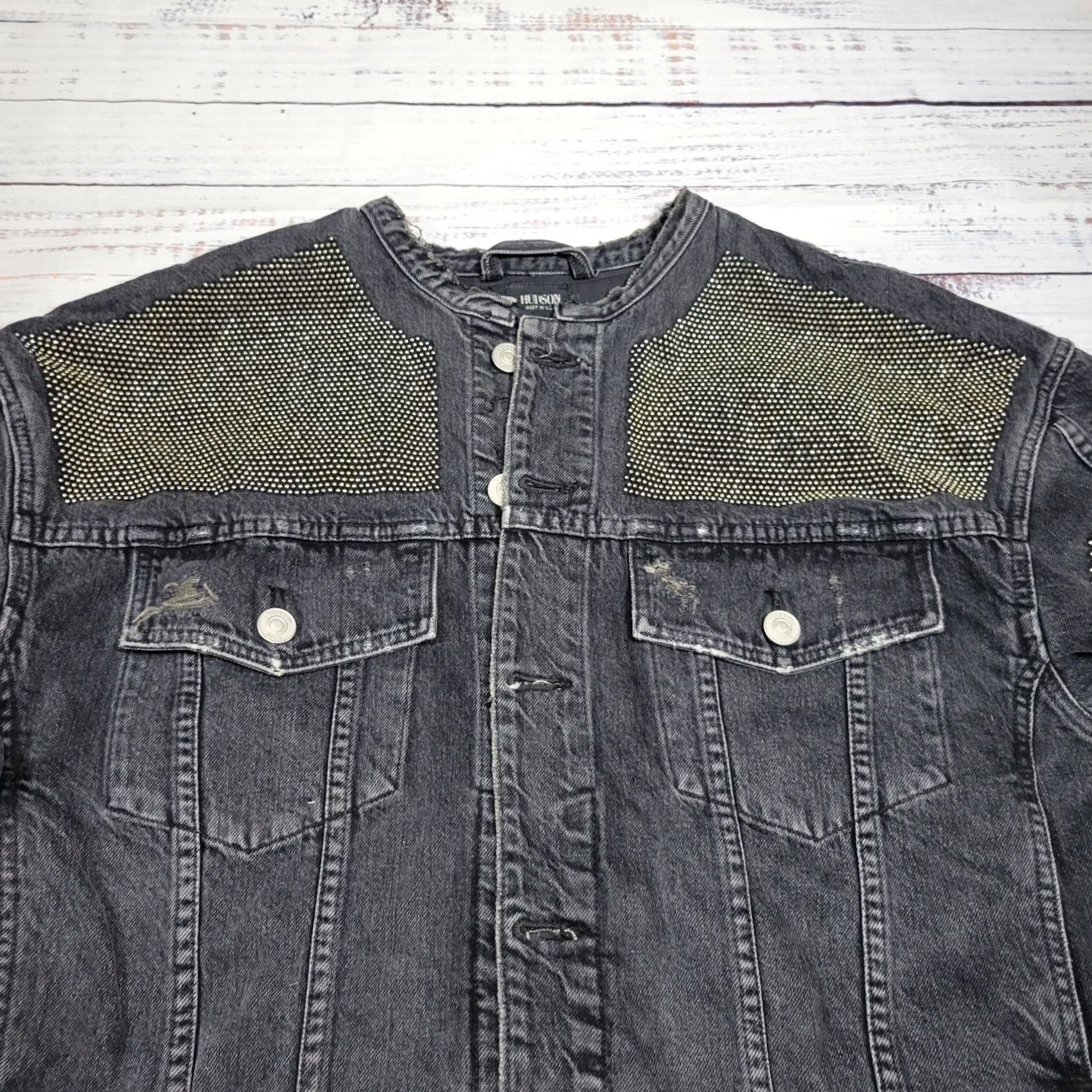Hudson HUDSON Cropped Rock Studded Denim Jacket Women's Black Green Size L Distressed Biker Style Size L / US 10 / IT 46 - 3 Thumbnail